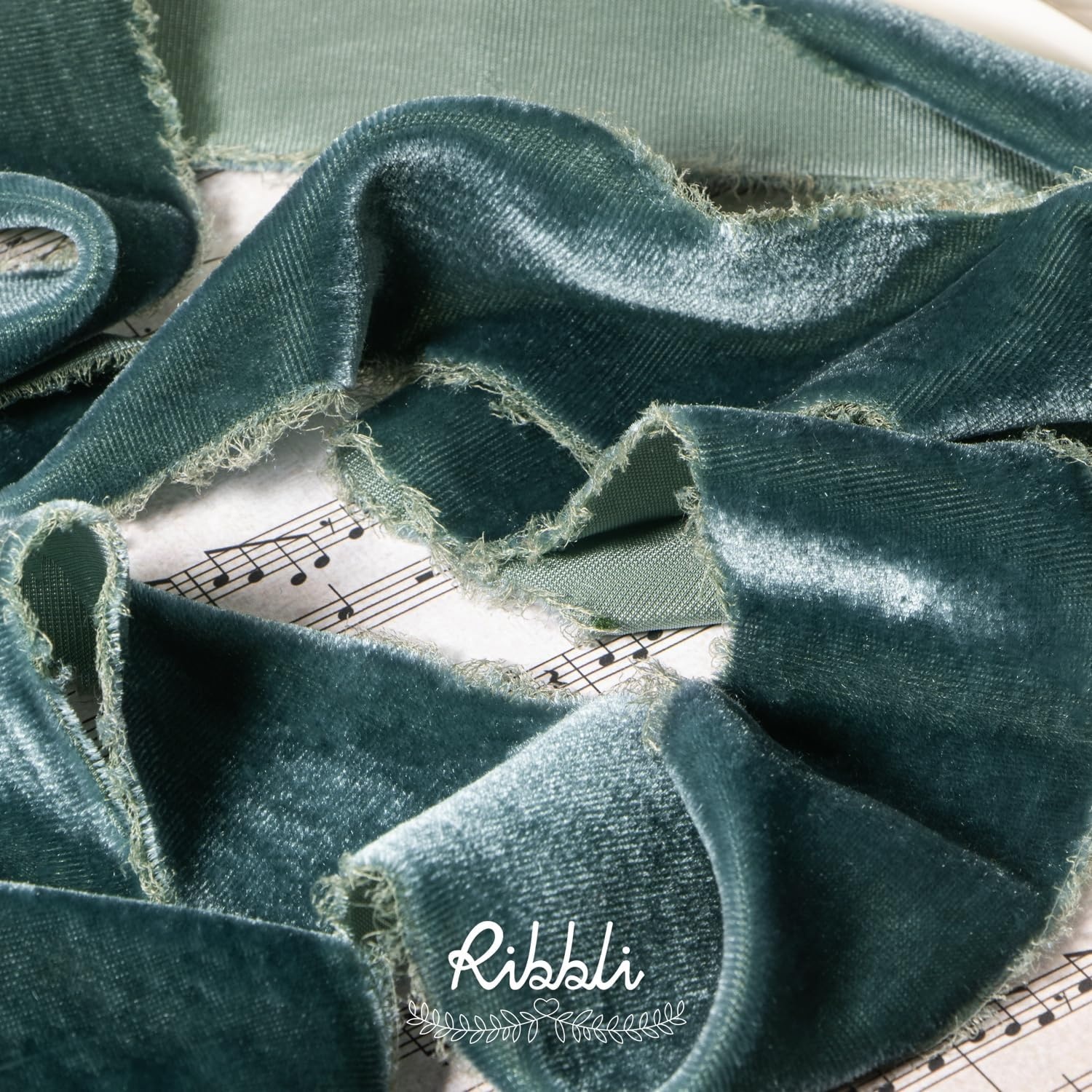 Ribbli Light Champagne Velvet Ribbon 2 Inch Handmade Frayed Vintage Christmas Ribbon for Gift Wrapping Christmas Tree Ornament Wreath Craft Home Decor-3 Yards(Dusty Green)