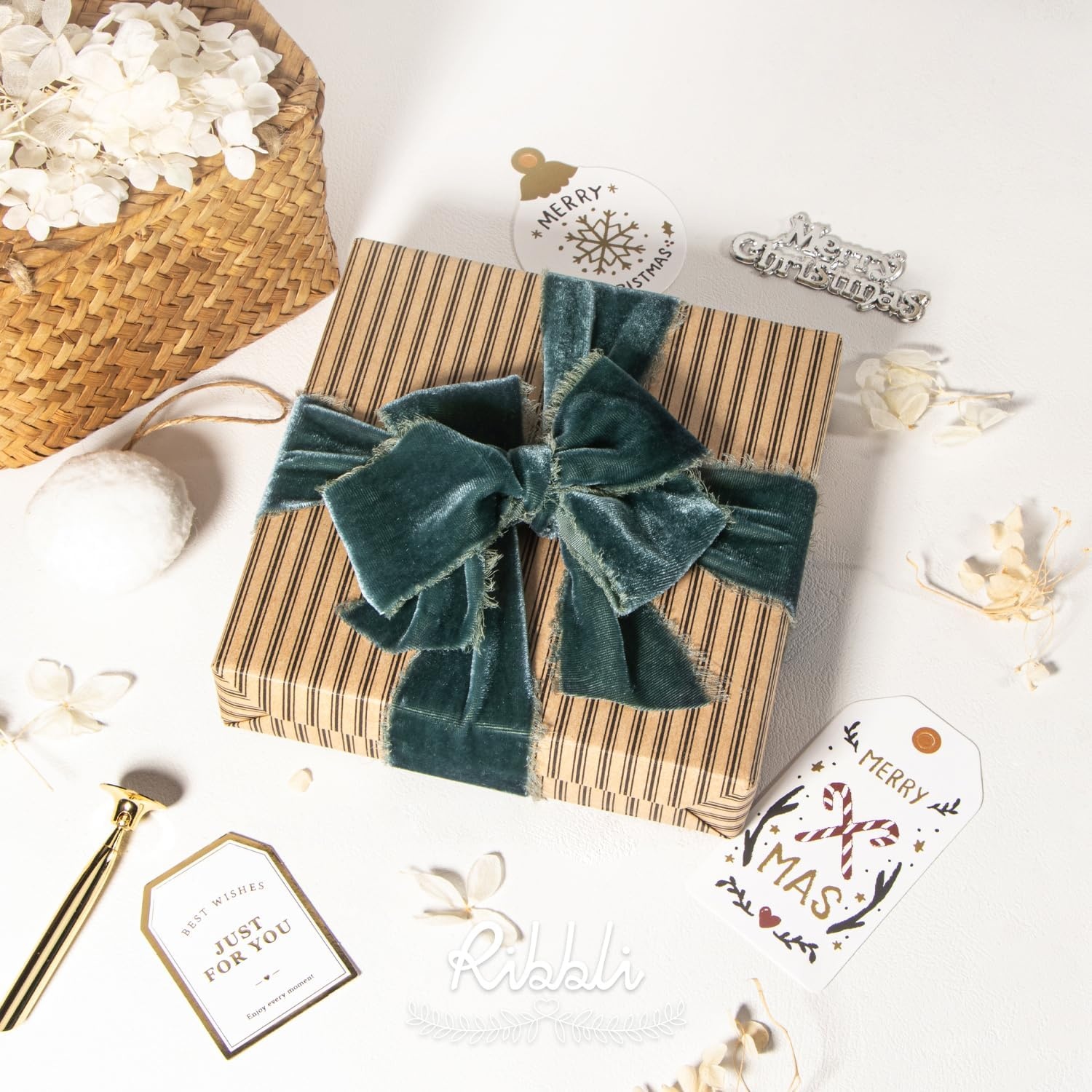 Ribbli Light Champagne Velvet Ribbon 2 Inch Handmade Frayed Vintage Christmas Ribbon for Gift Wrapping Christmas Tree Ornament Wreath Craft Home Decor-3 Yards(Dusty Green)
