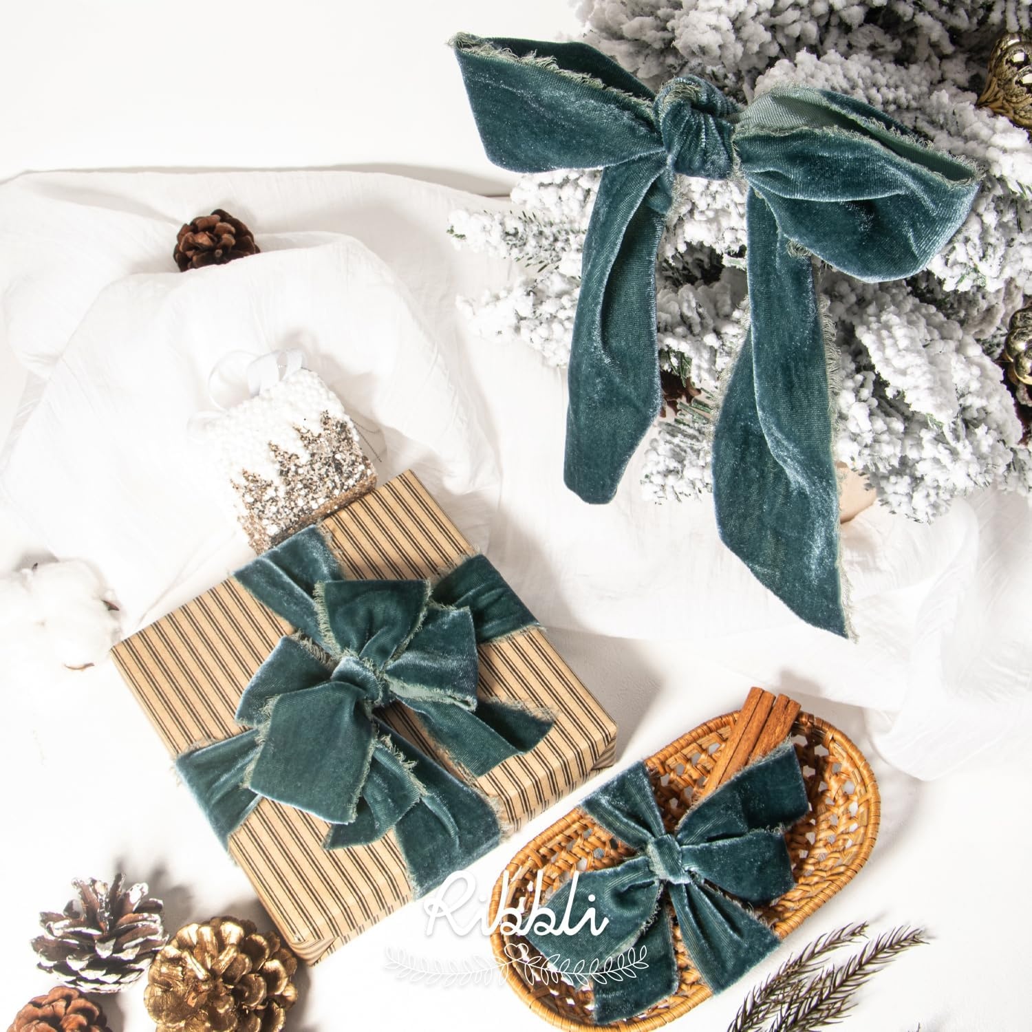 Ribbli Light Champagne Velvet Ribbon 2 Inch Handmade Frayed Vintage Christmas Ribbon for Gift Wrapping Christmas Tree Ornament Wreath Craft Home Decor-3 Yards(Dusty Green)