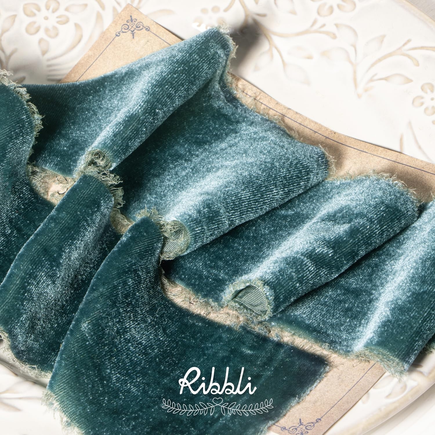 Ribbli Light Champagne Velvet Ribbon 2 Inch Handmade Frayed Vintage Christmas Ribbon for Gift Wrapping Christmas Tree Ornament Wreath Craft Home Decor-3 Yards(Dusty Green)
