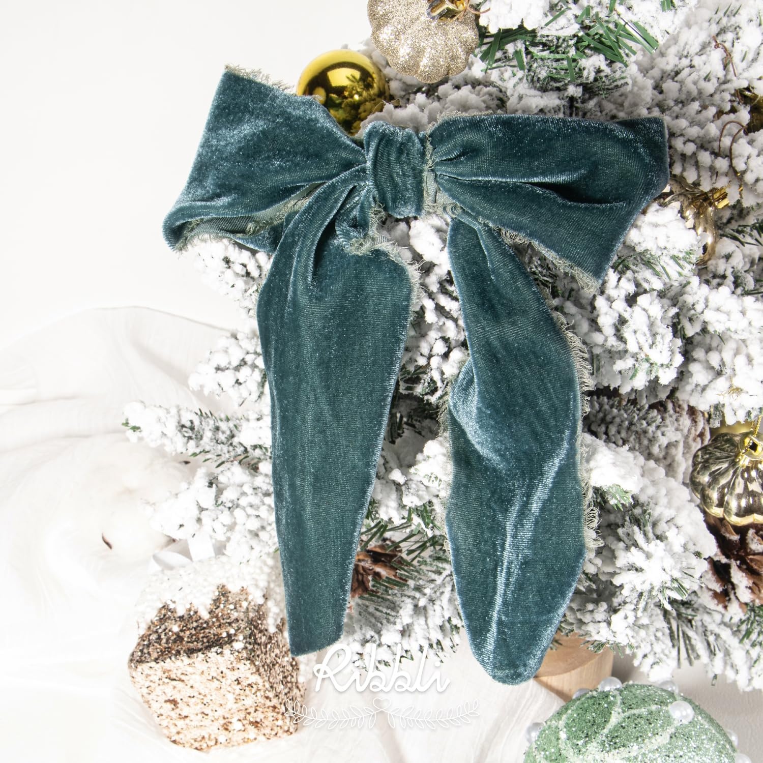 Ribbli Light Champagne Velvet Ribbon 2 Inch Handmade Frayed Vintage Christmas Ribbon for Gift Wrapping Christmas Tree Ornament Wreath Craft Home Decor-3 Yards(Dusty Green)
