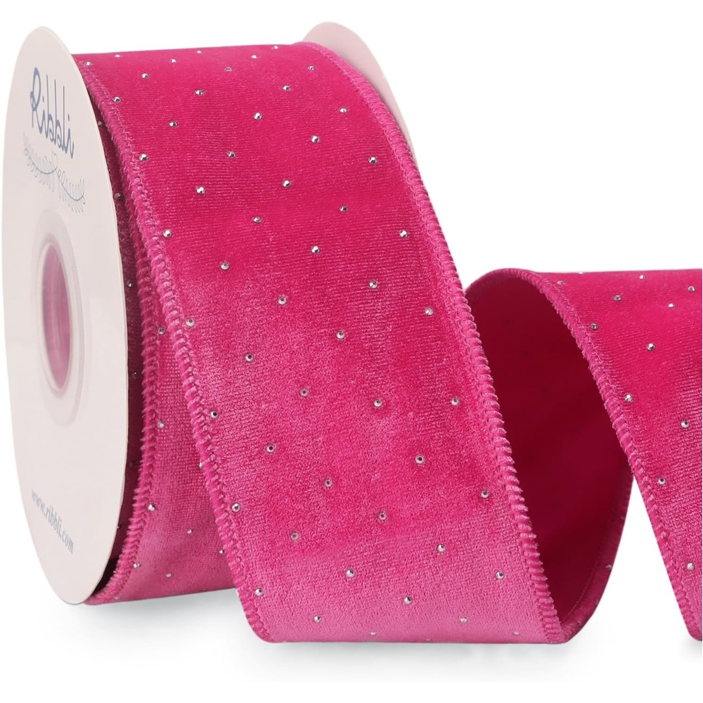 Ribbli Dusty Blue Luxury Velvet with Diamond Wired Ribbon, 2-1/2 Inch 10-Yard for Gift Wrapping Christmas Tree Decoration Crafts Wreaths Supplies(Hot Pink)