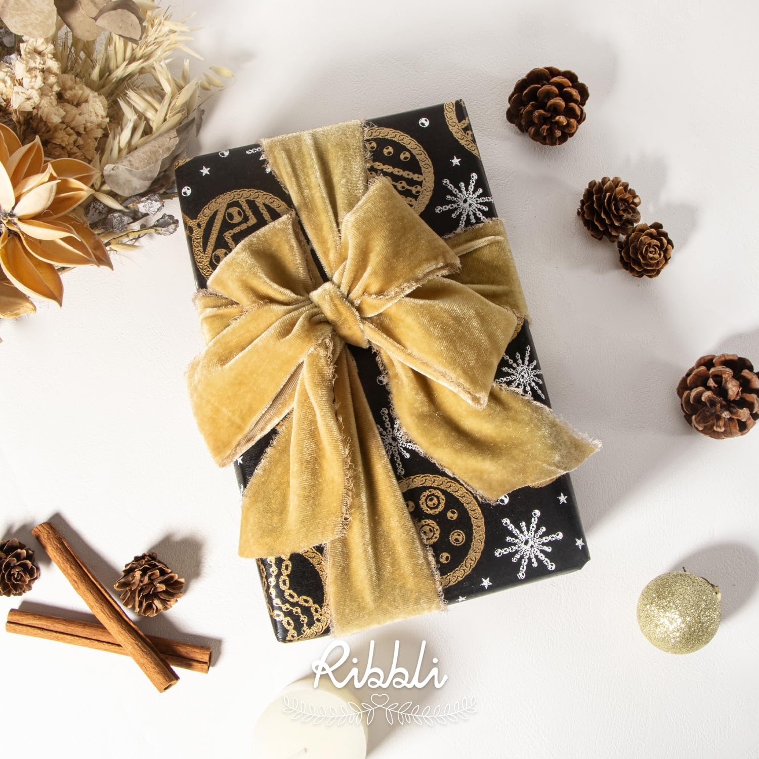 Ribbli Light Champagne Velvet Ribbon 2 Inch Handmade Frayed Vintage Christmas Ribbon for Gift Wrapping Christmas Tree Ornament Wreath Craft Home Decor-3 Yards(Champagne Gold)