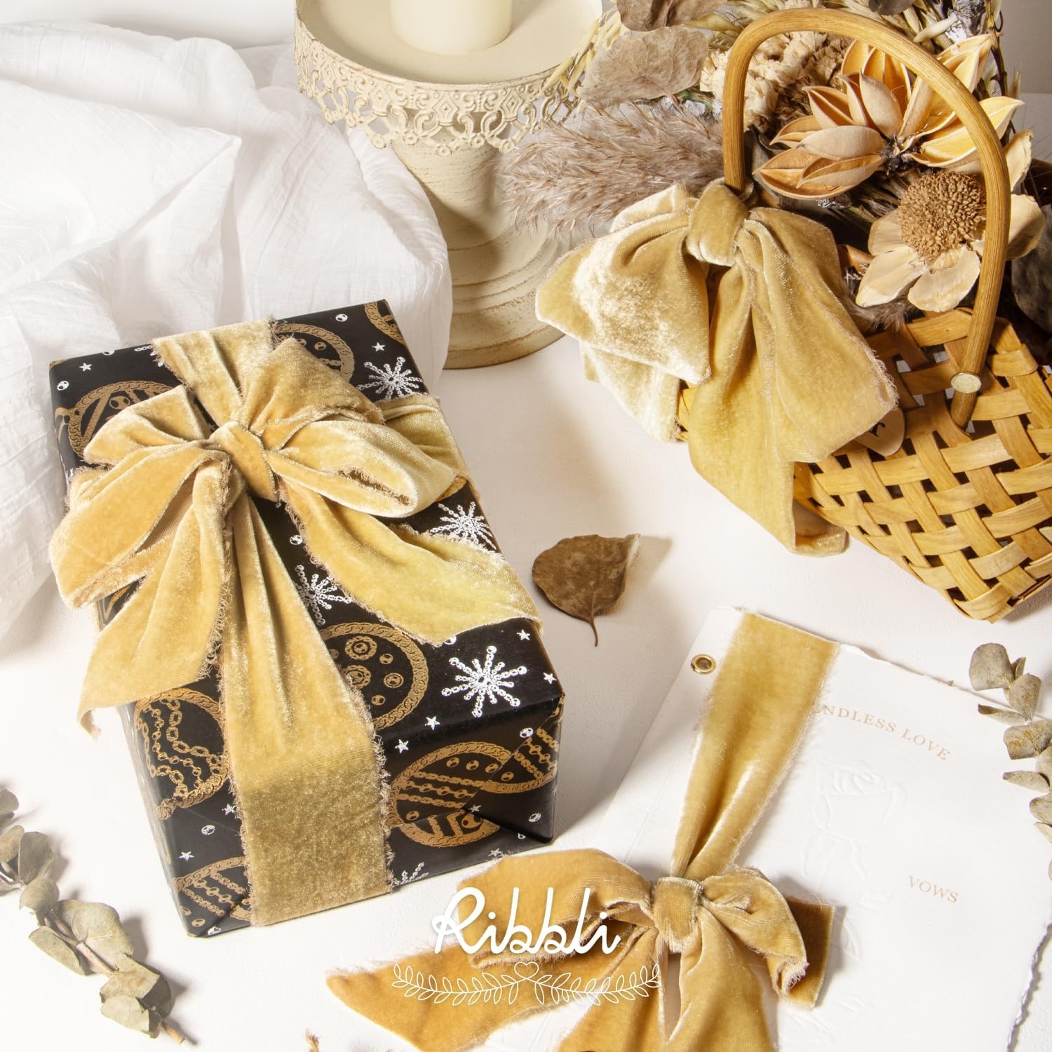 Ribbli Light Champagne Velvet Ribbon 2 Inch Handmade Frayed Vintage Christmas Ribbon for Gift Wrapping Christmas Tree Ornament Wreath Craft Home Decor-3 Yards(Champagne Gold)
