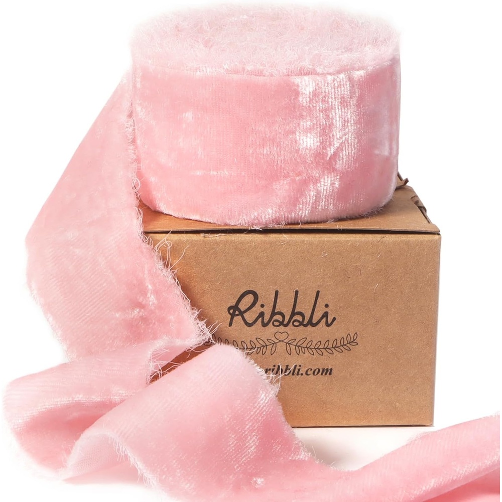 Ribbli Light Champagne Velvet Ribbon 2 Inch Handmade Frayed Vintage Christmas Ribbon for Gift Wrapping Christmas Tree Ornament Wreath Craft Home Decor-3 Yards(Pink)