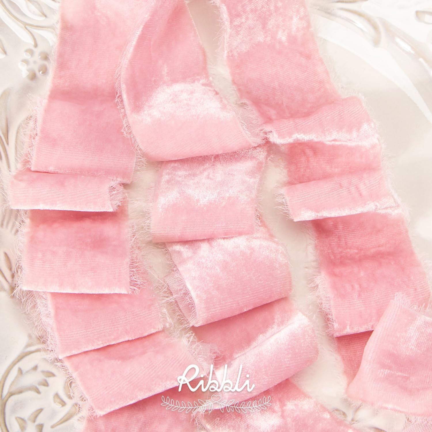 Ribbli Light Champagne Velvet Ribbon 2 Inch Handmade Frayed Vintage Christmas Ribbon for Gift Wrapping Christmas Tree Ornament Wreath Craft Home Decor-3 Yards(Pink)