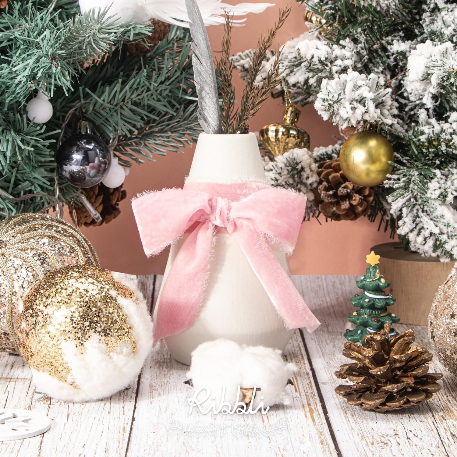Ribbli Light Champagne Velvet Ribbon 2 Inch Handmade Frayed Vintage Christmas Ribbon for Gift Wrapping Christmas Tree Ornament Wreath Craft Home Decor-3 Yards(Pink)
