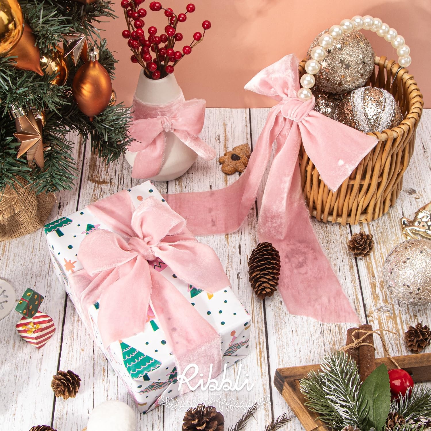 Ribbli Light Champagne Velvet Ribbon 2 Inch Handmade Frayed Vintage Christmas Ribbon for Gift Wrapping Christmas Tree Ornament Wreath Craft Home Decor-3 Yards(Pink)