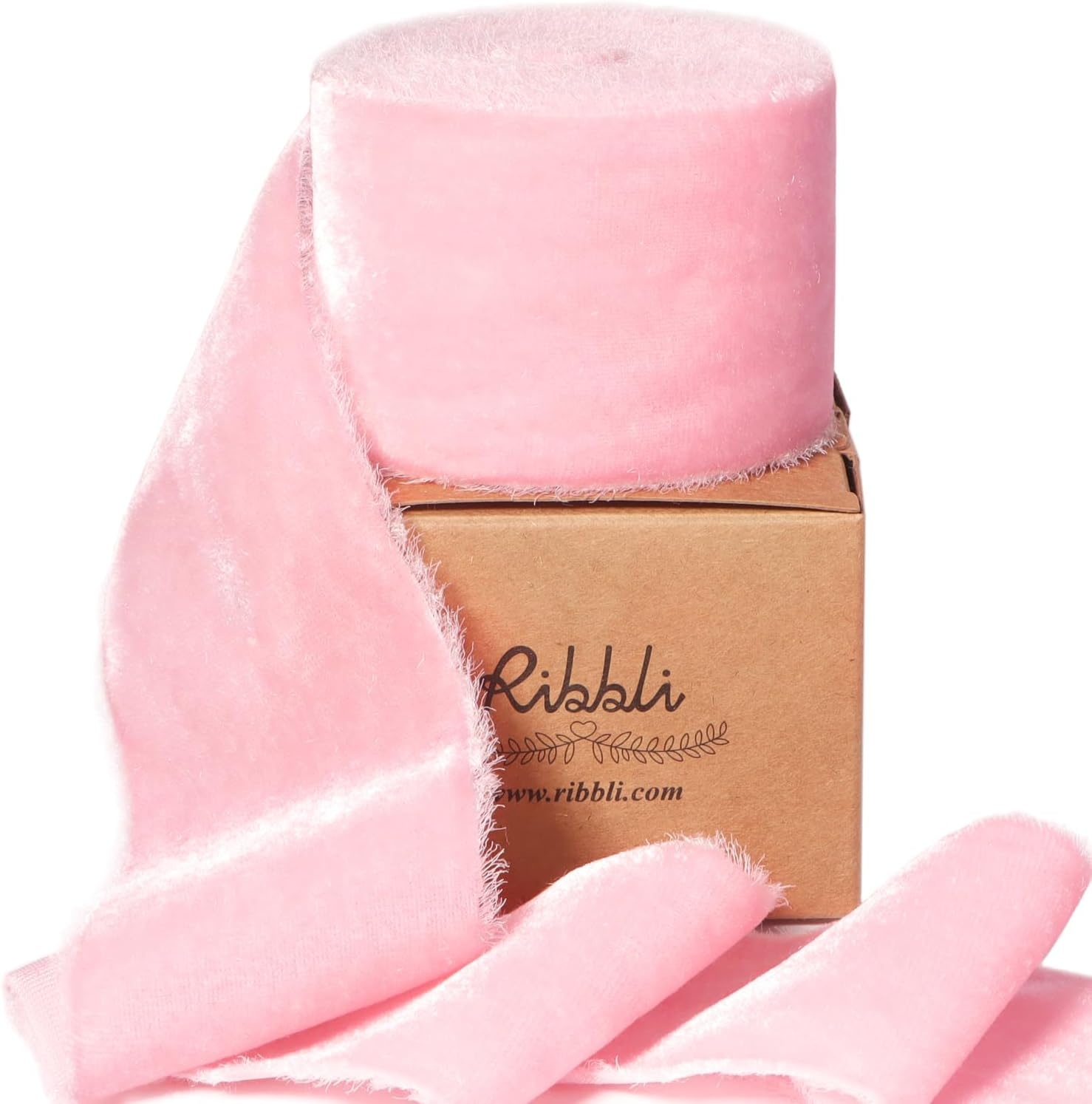 Ribbli Light Champagne Velvet Ribbon 2 Inch Handmade Frayed Vintage Christmas Ribbon for Gift Wrapping Christmas Tree Ornament Wreath Craft Home Decor-3 Yards(Pink)