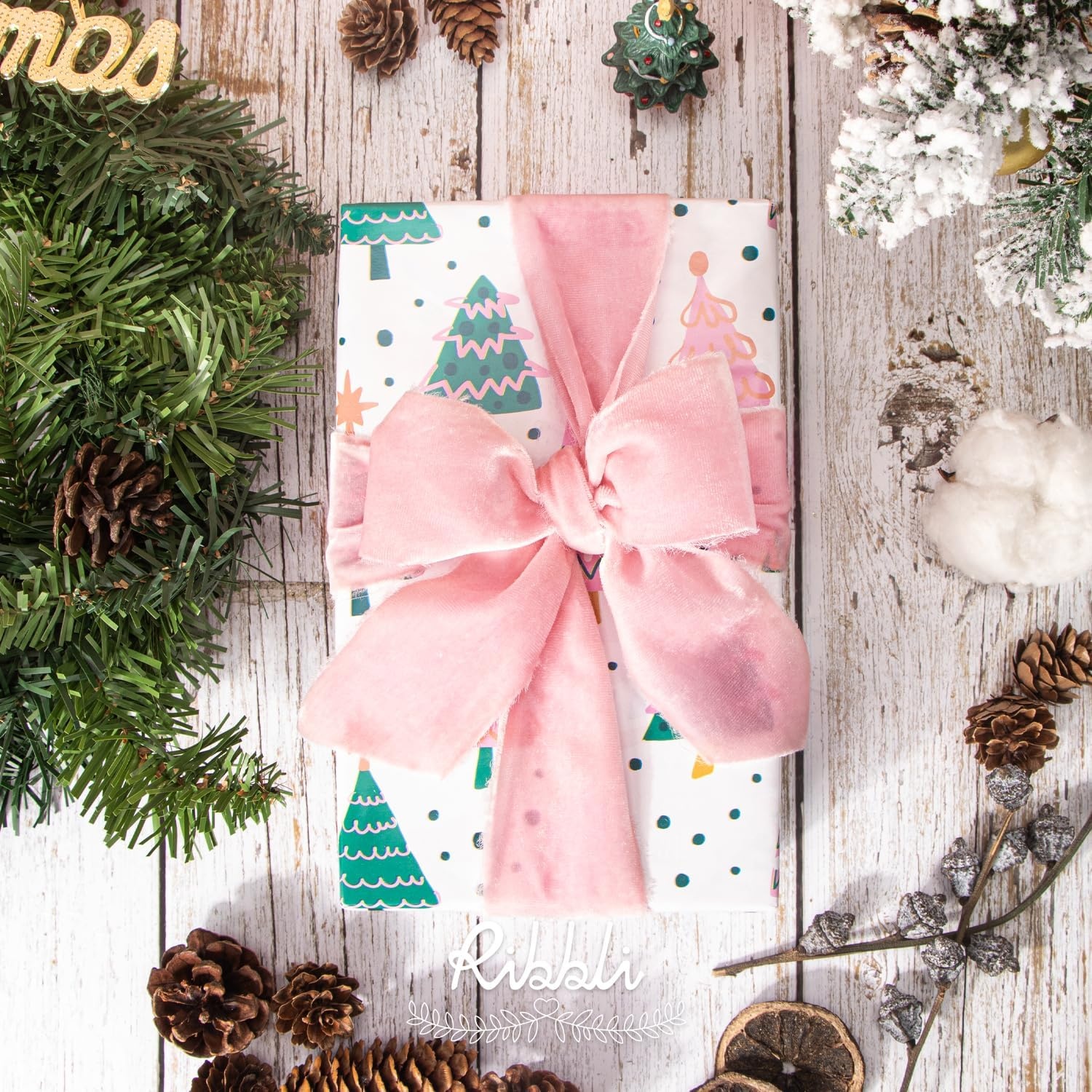 Ribbli Light Champagne Velvet Ribbon 2 Inch Handmade Frayed Vintage Christmas Ribbon for Gift Wrapping Christmas Tree Ornament Wreath Craft Home Decor-3 Yards(Pink)