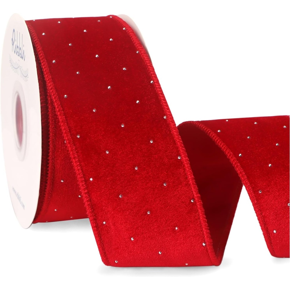Ribbli Dusty Blue Luxury Velvet with Diamond Wired Ribbon, 2-1/2 Inch 10-Yard for Gift Wrapping Christmas Tree Decoration Crafts Wreaths Supplies(Red)