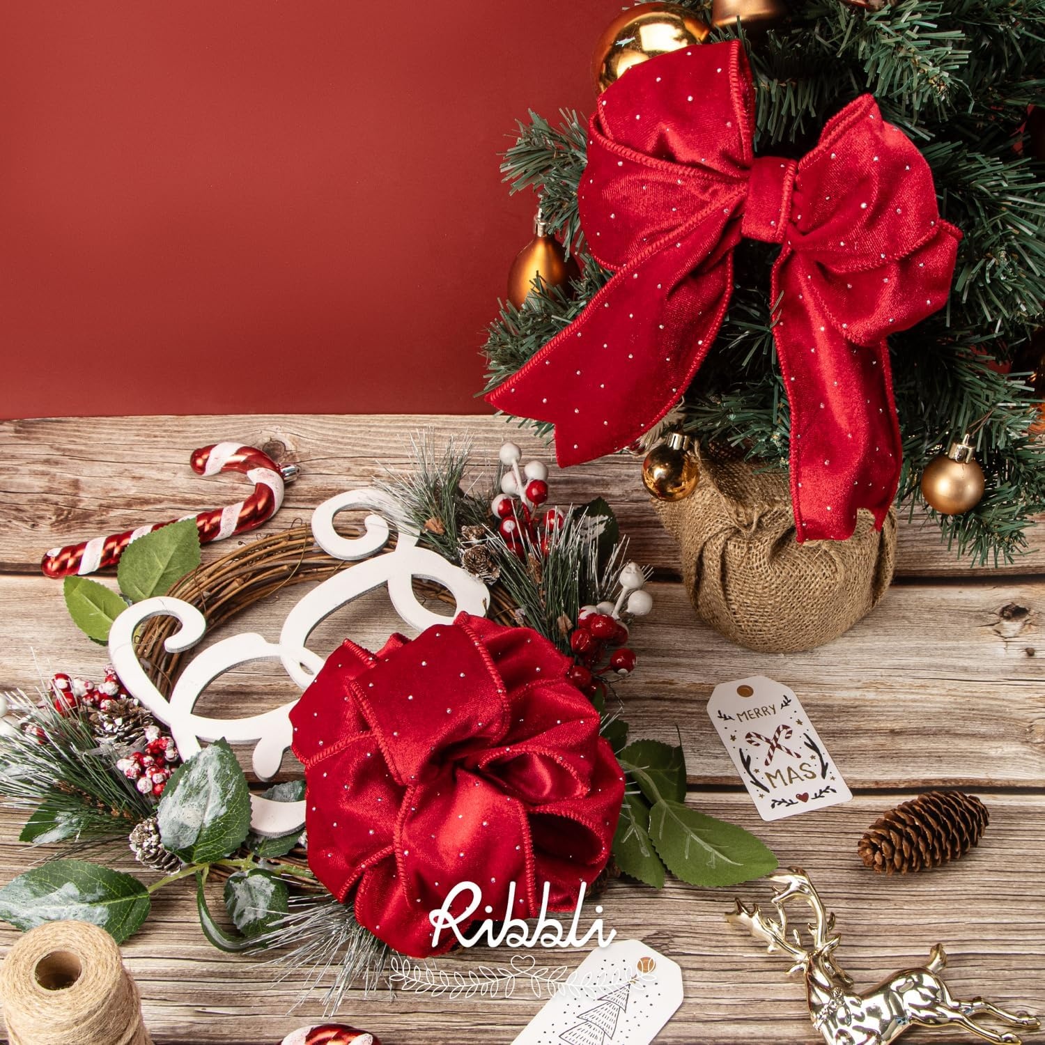 Ribbli Dusty Blue Luxury Velvet with Diamond Wired Ribbon, 2-1/2 Inch 10-Yard for Gift Wrapping Christmas Tree Decoration Crafts Wreaths Supplies(Red)