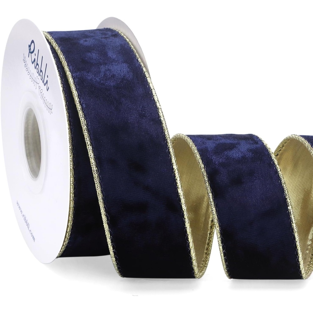 Ribbli Black Velvet Wired Ribbon 2.5 Inch Metallic Black Gold Crushed Velvet Christmas Ribbon for Gift Wrapping Christmas Tree Decoration Crafts Wreaths Supplies-Continuous 10 Yards(Navy)