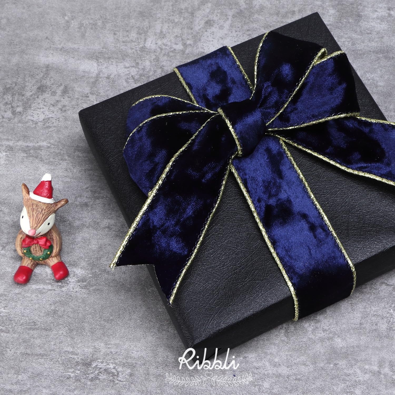 Ribbli Black Velvet Wired Ribbon 2.5 Inch Metallic Black Gold Crushed Velvet Christmas Ribbon for Gift Wrapping Christmas Tree Decoration Crafts Wreaths Supplies-Continuous 10 Yards(Navy)