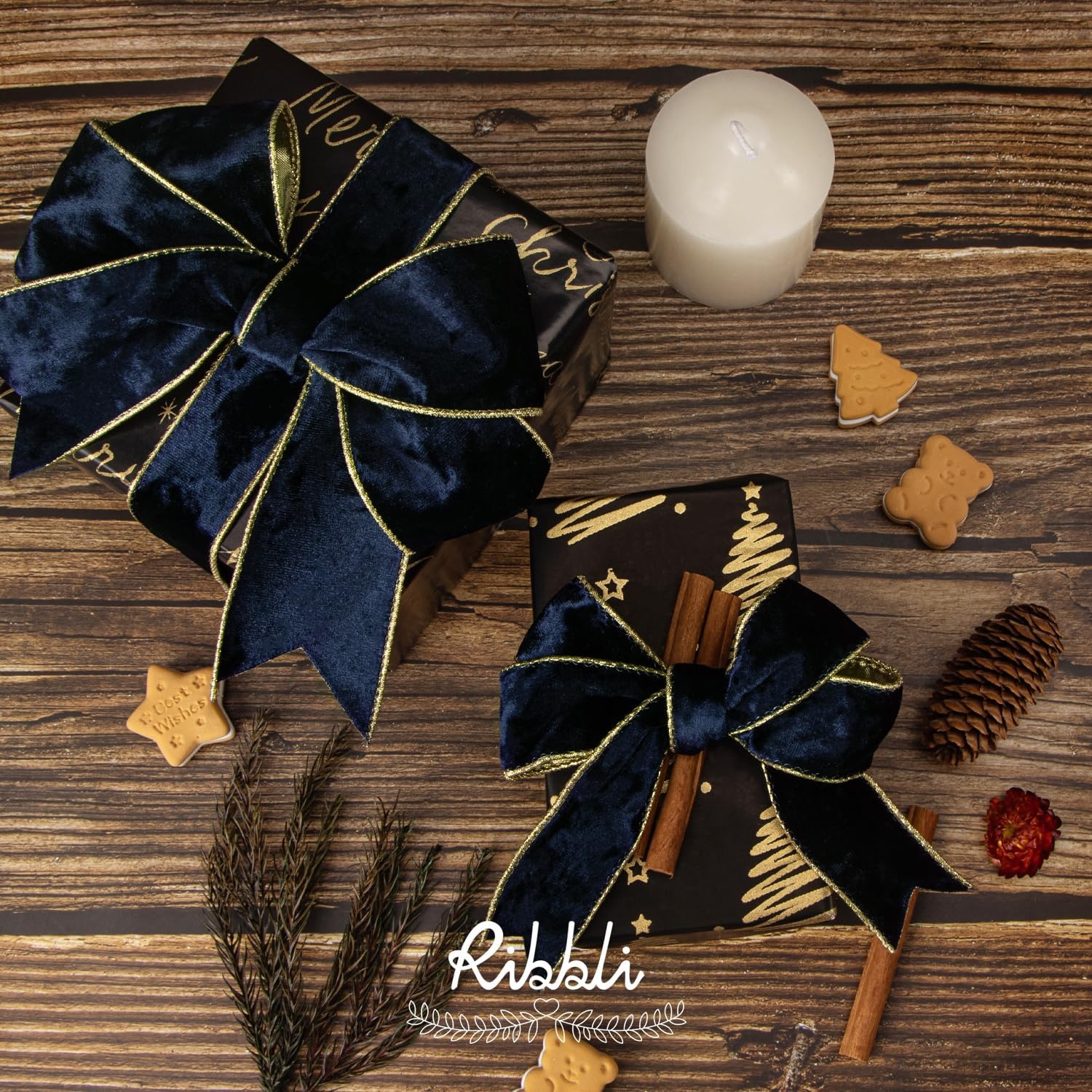 Ribbli Black Velvet Wired Ribbon 2.5 Inch Metallic Black Gold Crushed Velvet Christmas Ribbon for Gift Wrapping Christmas Tree Decoration Crafts Wreaths Supplies-Continuous 10 Yards(Navy)