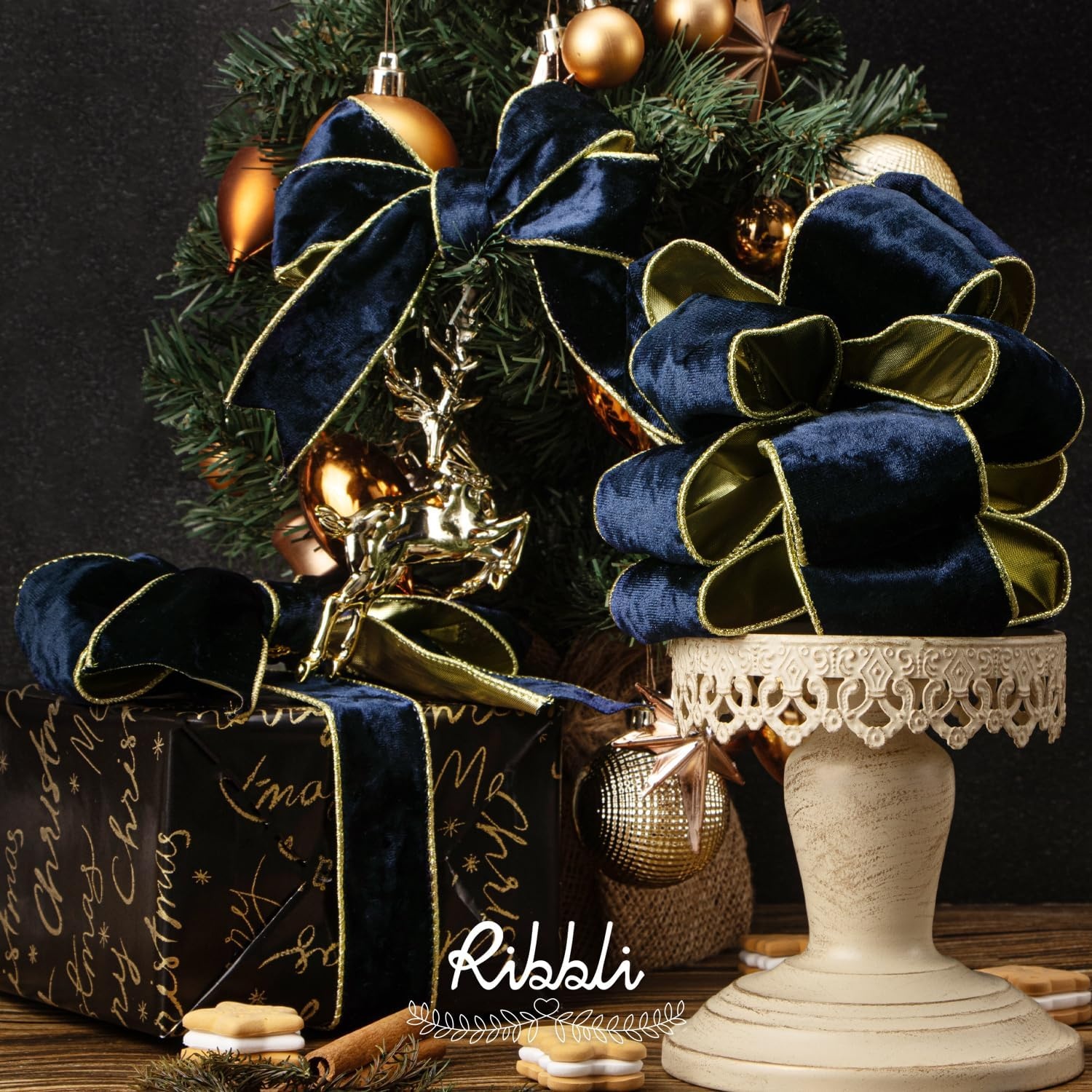 Ribbli Black Velvet Wired Ribbon 2.5 Inch Metallic Black Gold Crushed Velvet Christmas Ribbon for Gift Wrapping Christmas Tree Decoration Crafts Wreaths Supplies-Continuous 10 Yards(Navy)