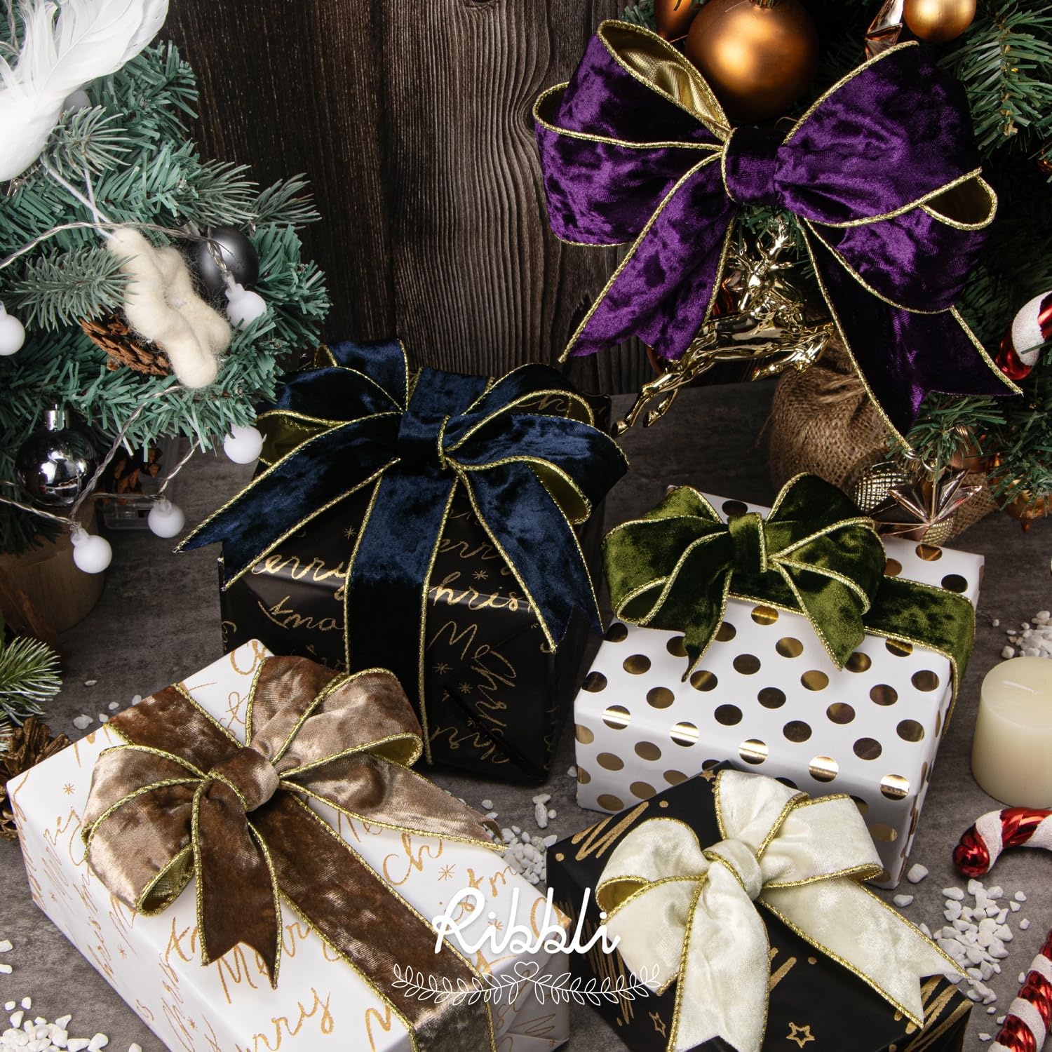 Ribbli Black Velvet Wired Ribbon 2.5 Inch Metallic Black Gold Crushed Velvet Christmas Ribbon for Gift Wrapping Christmas Tree Decoration Crafts Wreaths Supplies-Continuous 10 Yards(Navy)