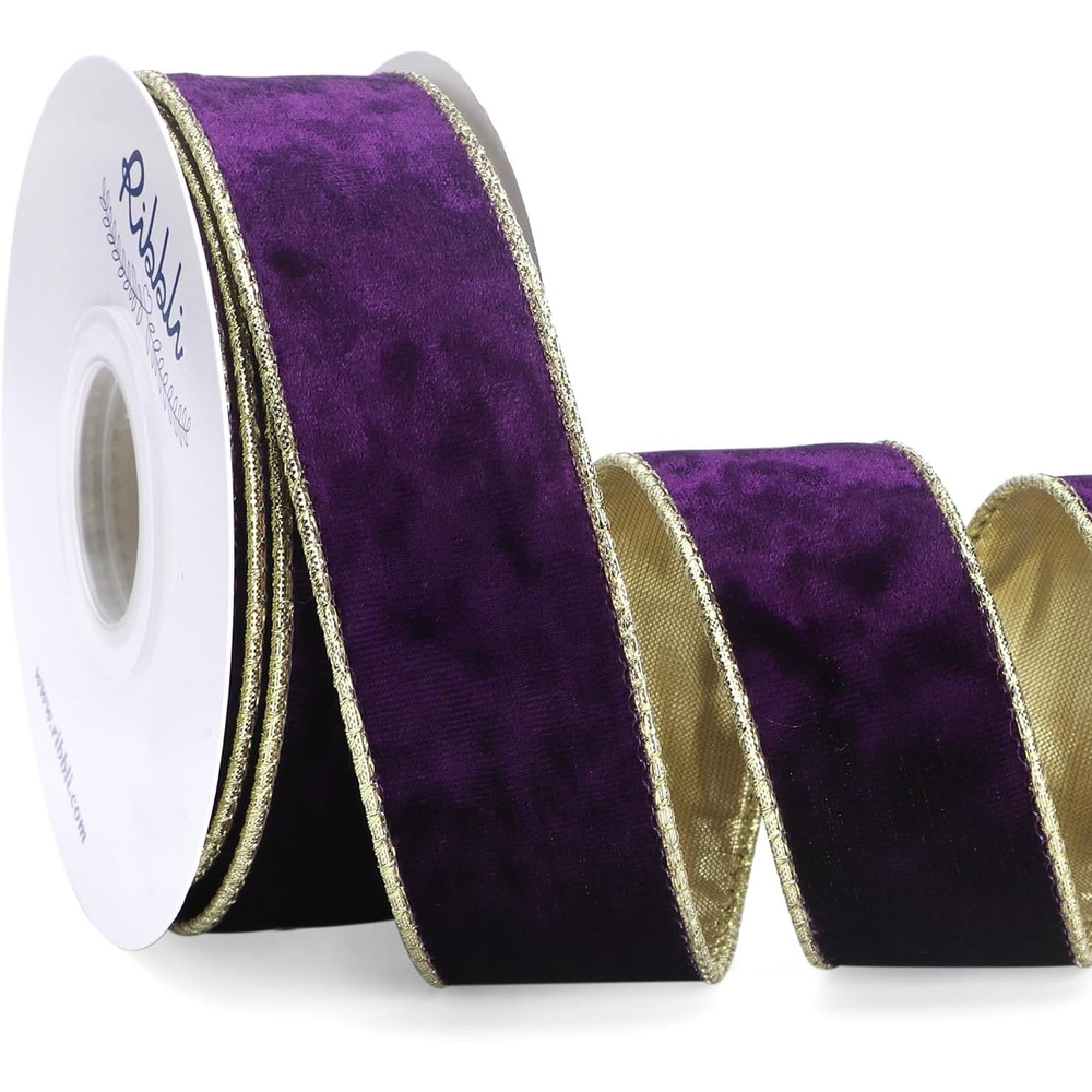 Ribbli Black Velvet Wired Ribbon 2.5 Inch Metallic Black Gold Crushed Velvet Christmas Ribbon for Gift Wrapping Christmas Tree Decoration Crafts Wreaths Supplies-Continuous 10 Yards(Purple)