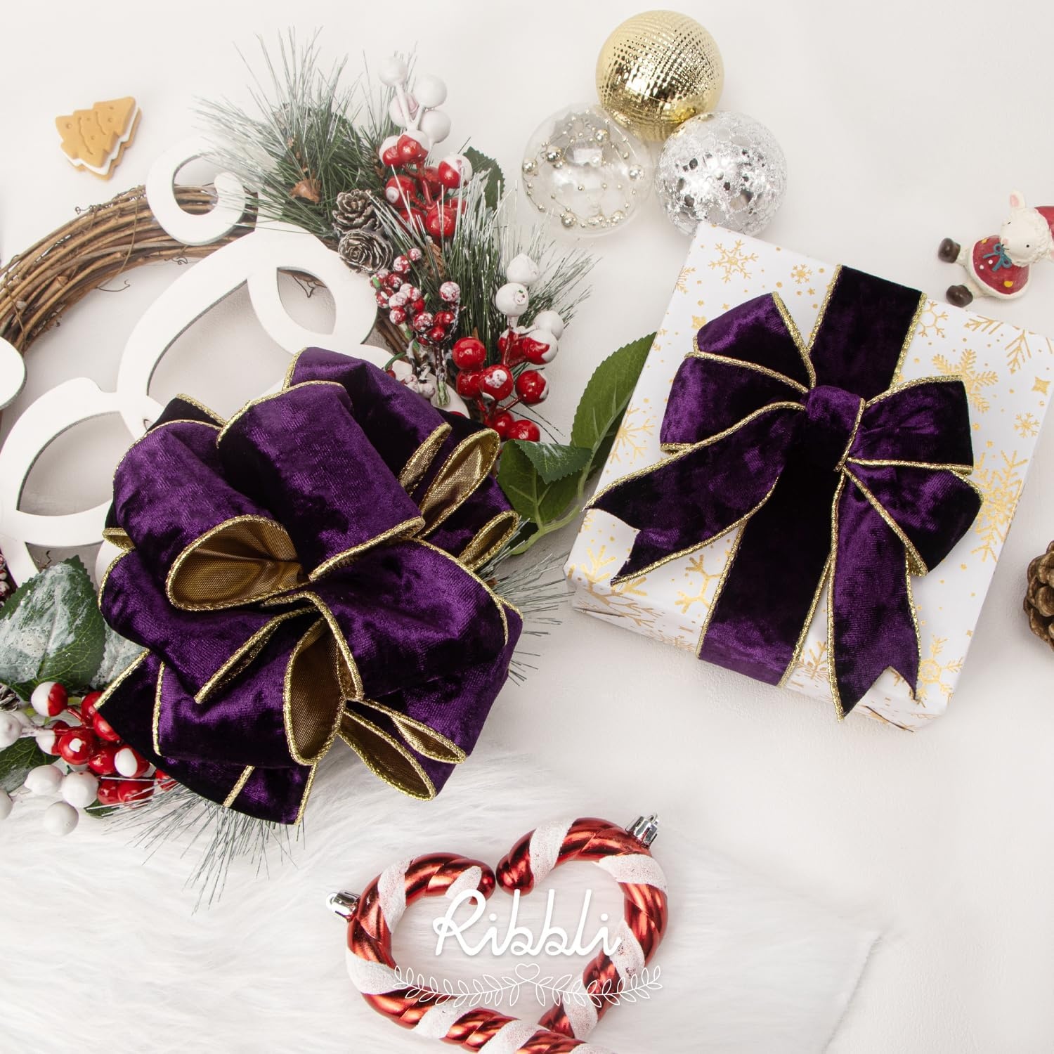 Ribbli Black Velvet Wired Ribbon 2.5 Inch Metallic Black Gold Crushed Velvet Christmas Ribbon for Gift Wrapping Christmas Tree Decoration Crafts Wreaths Supplies-Continuous 10 Yards(Purple)