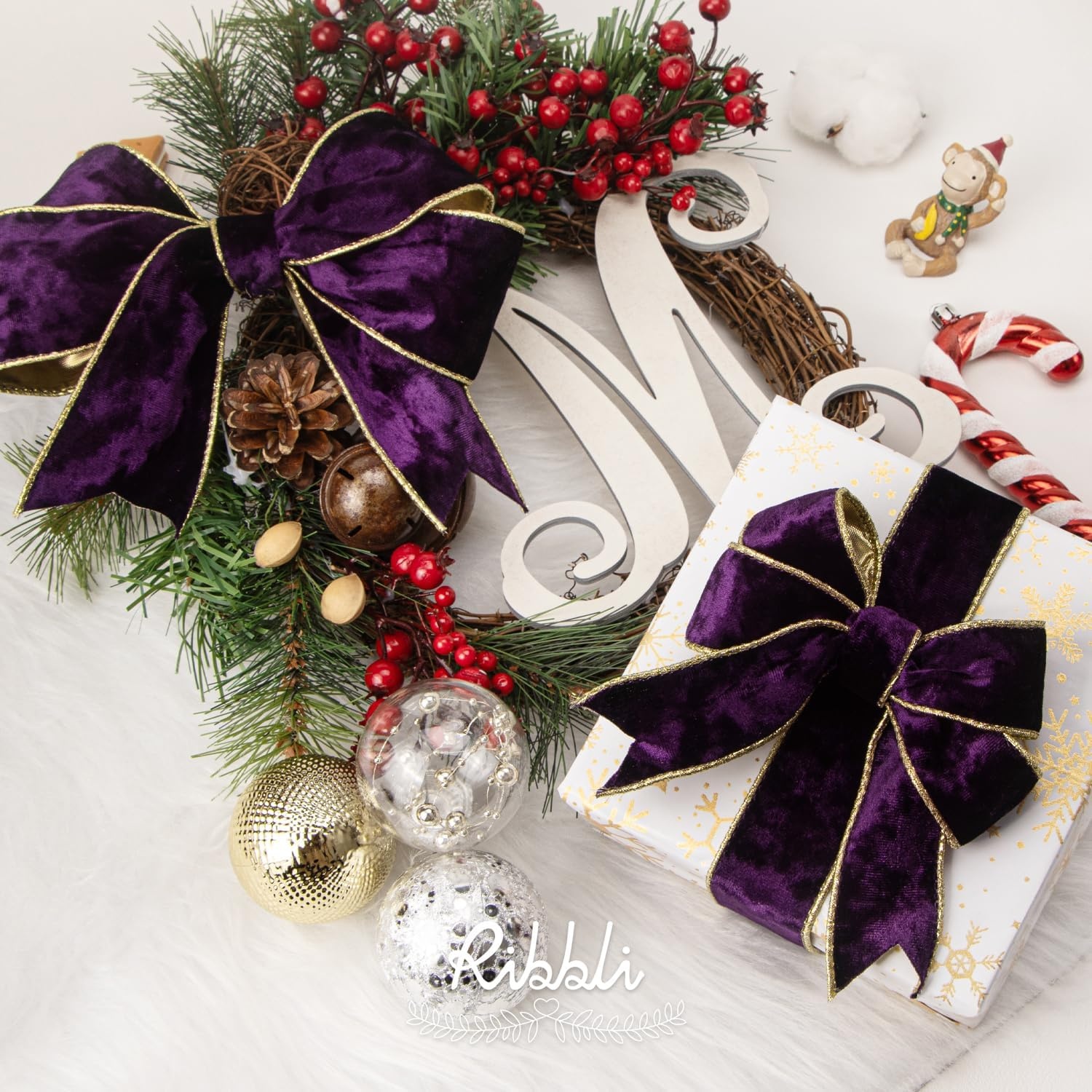 Ribbli Black Velvet Wired Ribbon 2.5 Inch Metallic Black Gold Crushed Velvet Christmas Ribbon for Gift Wrapping Christmas Tree Decoration Crafts Wreaths Supplies-Continuous 10 Yards(Purple)