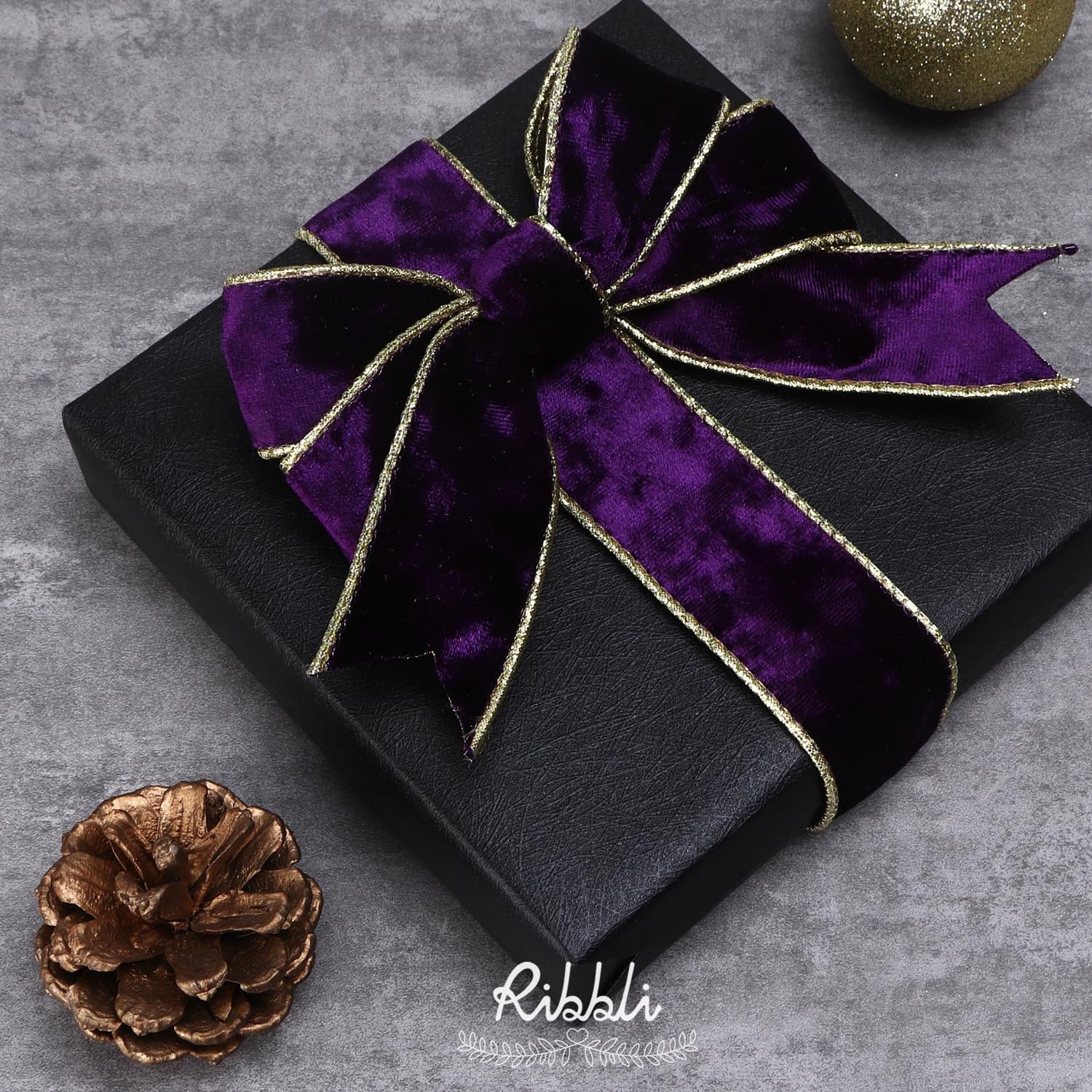 Ribbli Black Velvet Wired Ribbon 2.5 Inch Metallic Black Gold Crushed Velvet Christmas Ribbon for Gift Wrapping Christmas Tree Decoration Crafts Wreaths Supplies-Continuous 10 Yards(Purple)