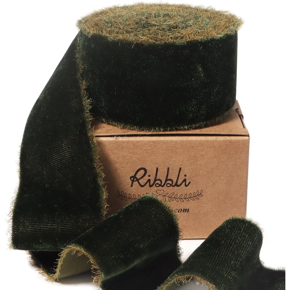 Ribbli Light Champagne Velvet Ribbon 2 Inch Handmade Frayed Vintage Christmas Ribbon for Gift Wrapping Christmas Tree Ornament Wreath Craft Home Decor-3 Yards(Dark Moss)