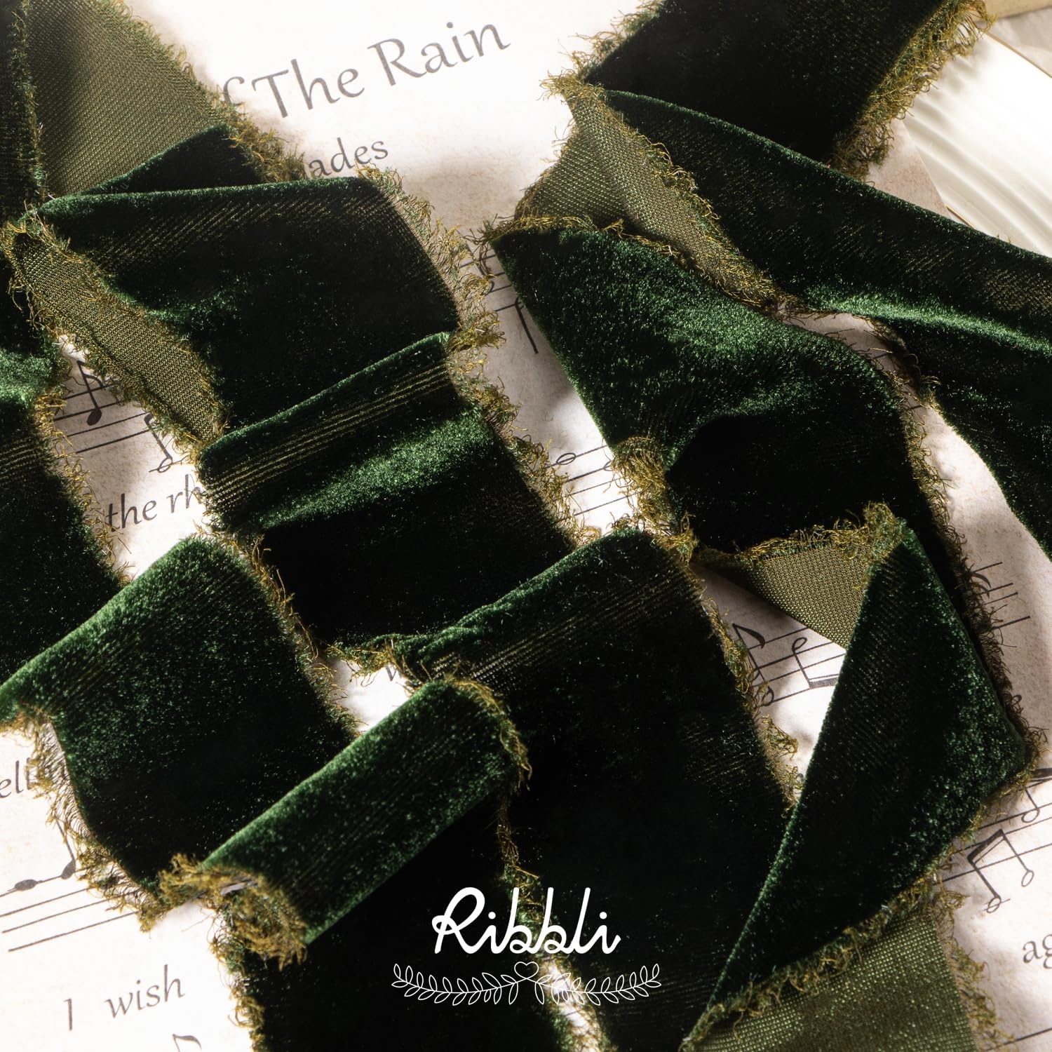 Ribbli Light Champagne Velvet Ribbon 2 Inch Handmade Frayed Vintage Christmas Ribbon for Gift Wrapping Christmas Tree Ornament Wreath Craft Home Decor-3 Yards(Dark Moss)