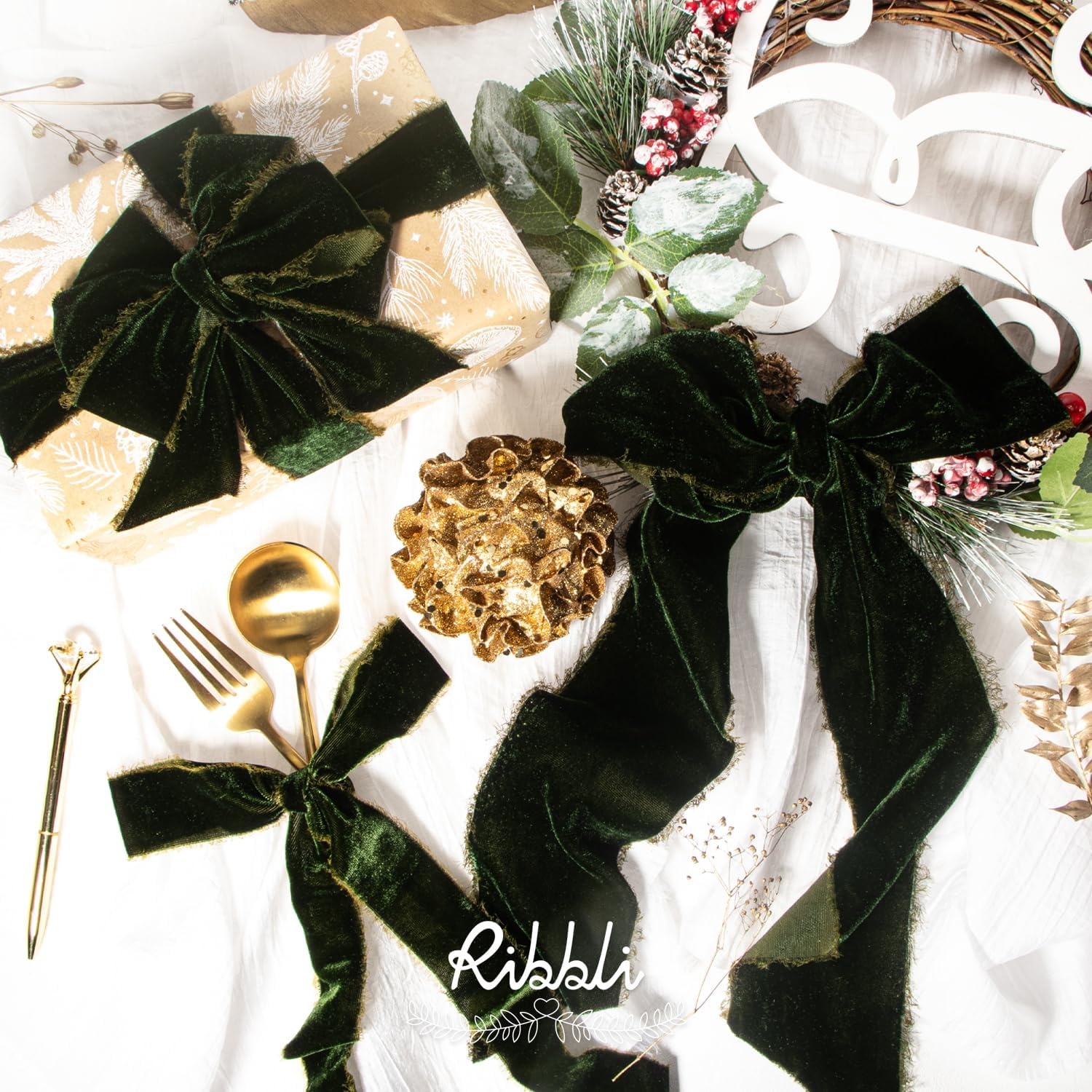 Ribbli Light Champagne Velvet Ribbon 2 Inch Handmade Frayed Vintage Christmas Ribbon for Gift Wrapping Christmas Tree Ornament Wreath Craft Home Decor-3 Yards(Dark Moss)