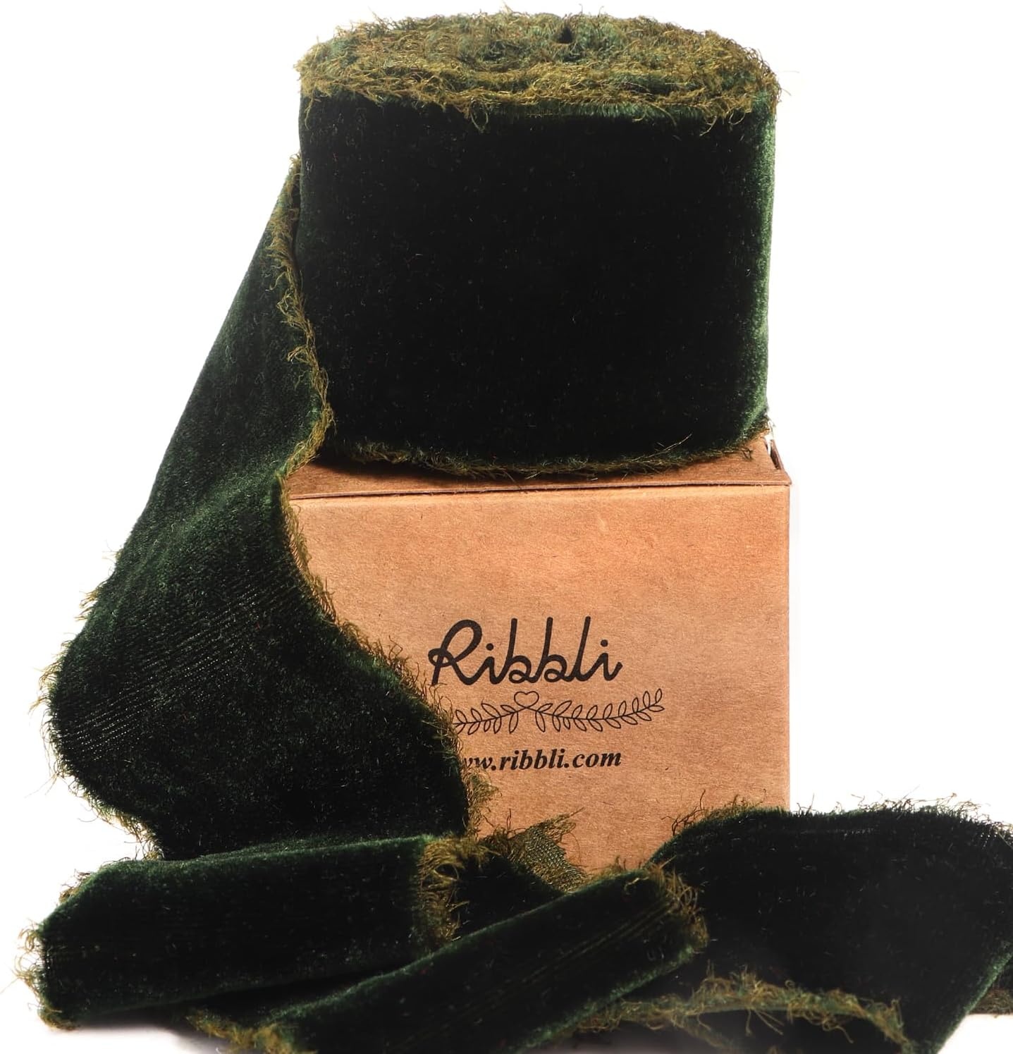 Ribbli Light Champagne Velvet Ribbon 2 Inch Handmade Frayed Vintage Christmas Ribbon for Gift Wrapping Christmas Tree Ornament Wreath Craft Home Decor-3 Yards(Dark Moss)