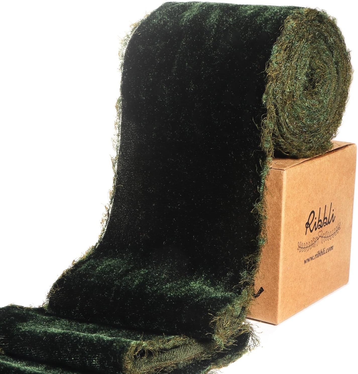 Ribbli Light Champagne Velvet Ribbon 2 Inch Handmade Frayed Vintage Christmas Ribbon for Gift Wrapping Christmas Tree Ornament Wreath Craft Home Decor-3 Yards(Dark Moss)