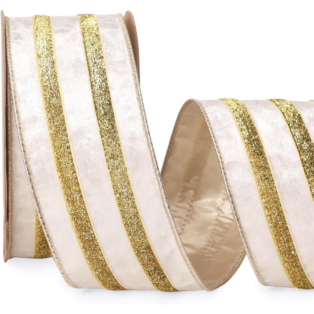 Ribbli Light Champagne Velvet Wired Ribbon with Gold Sparkling Stripe 2.5 Inch Christmas Ribbon for Tree Gift Wrapping Wreaths Garland Topper Bows Crafts Home Decor -10 Yards(Ivory)