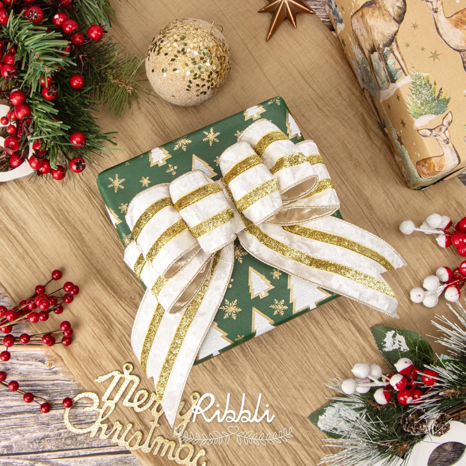 Ribbli Light Champagne Velvet Wired Ribbon with Gold Sparkling Stripe 2.5 Inch Christmas Ribbon for Tree Gift Wrapping Wreaths Garland Topper Bows Crafts Home Decor -10 Yards(Ivory)
