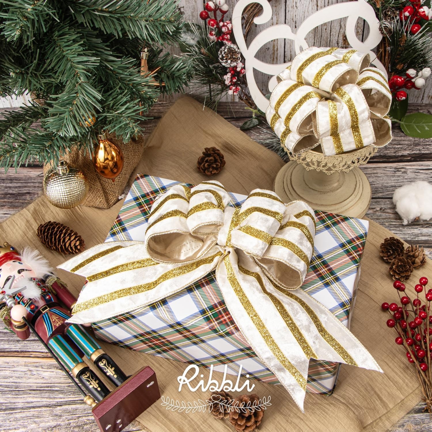 Ribbli Light Champagne Velvet Wired Ribbon with Gold Sparkling Stripe 2.5 Inch Christmas Ribbon for Tree Gift Wrapping Wreaths Garland Topper Bows Crafts Home Decor -10 Yards(Ivory)