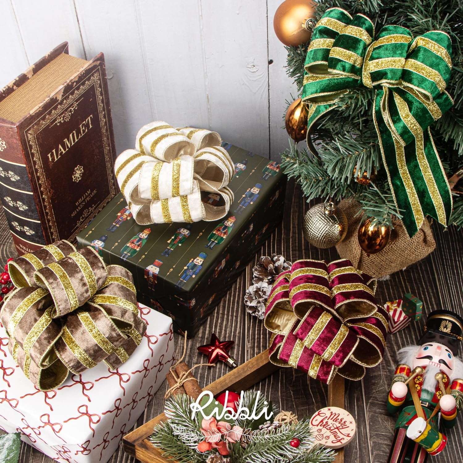 Ribbli Light Champagne Velvet Wired Ribbon with Gold Sparkling Stripe 2.5 Inch Christmas Ribbon for Tree Gift Wrapping Wreaths Garland Topper Bows Crafts Home Decor -10 Yards(Ivory)