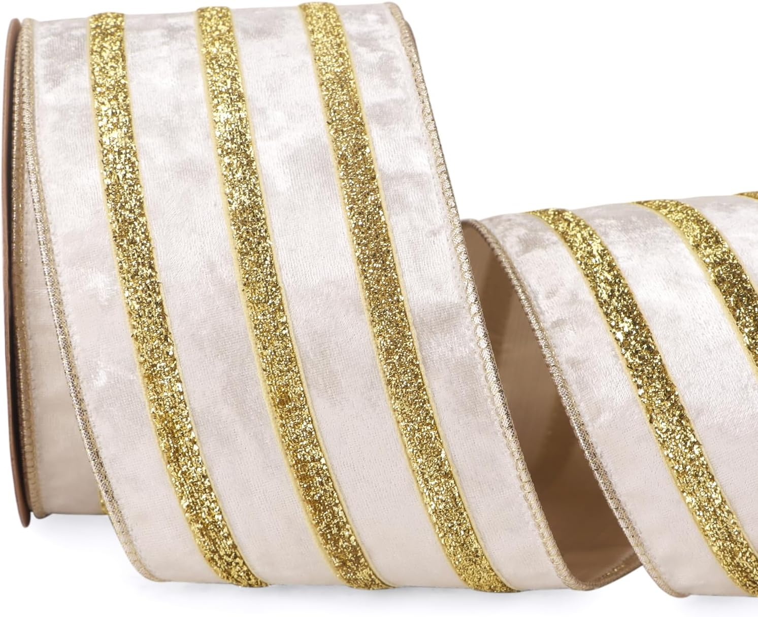 Ribbli Light Champagne Velvet Wired Ribbon with Gold Sparkling Stripe 2.5 Inch Christmas Ribbon for Tree Gift Wrapping Wreaths Garland Topper Bows Crafts Home Decor -10 Yards(Ivory)