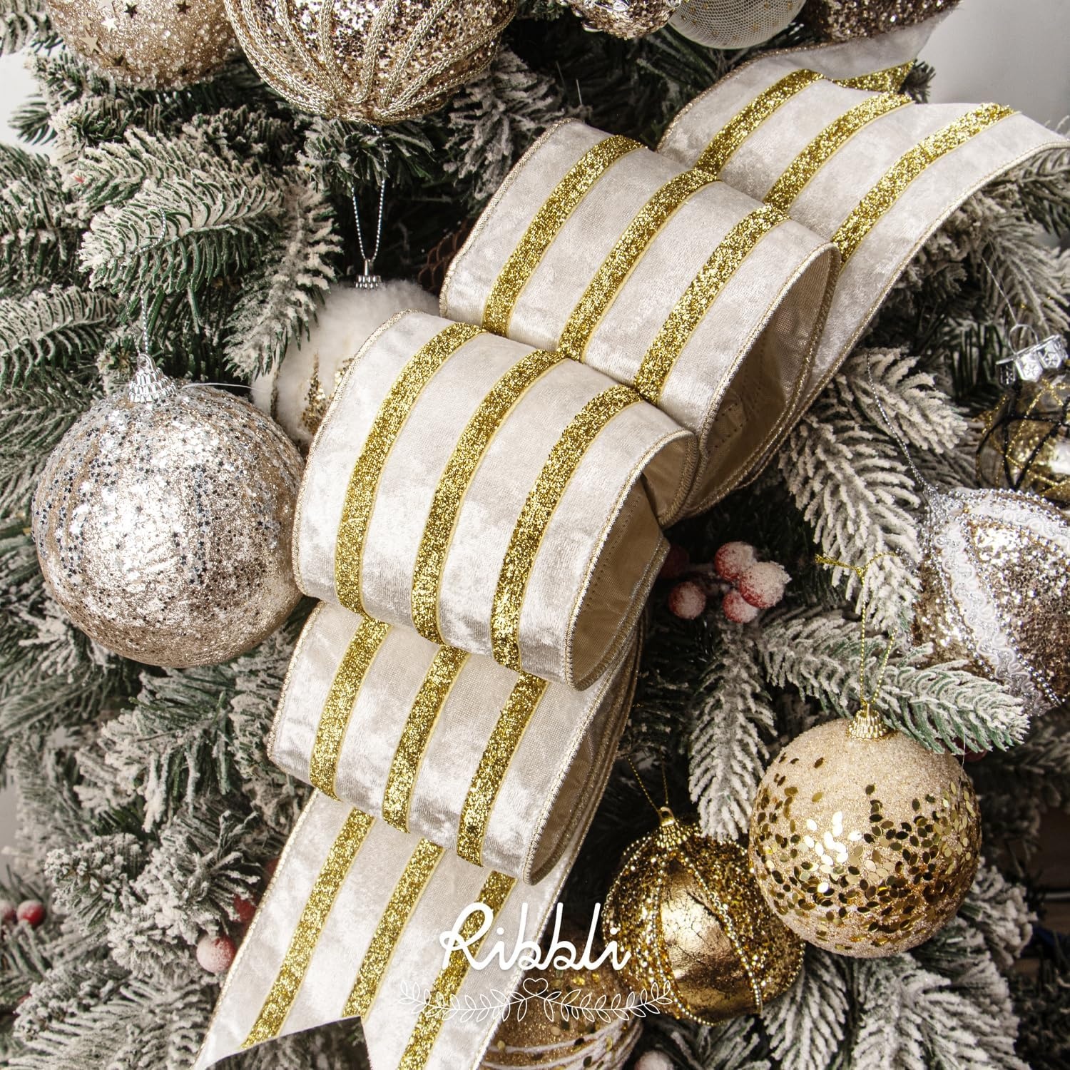 Ribbli Light Champagne Velvet Wired Ribbon with Gold Sparkling Stripe 2.5 Inch Christmas Ribbon for Tree Gift Wrapping Wreaths Garland Topper Bows Crafts Home Decor -10 Yards(Ivory)