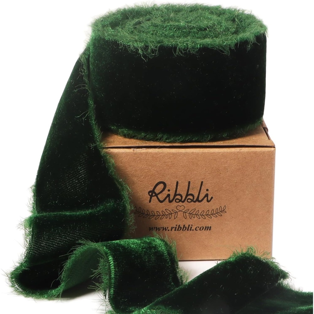 Ribbli Light Champagne Velvet Ribbon 2 Inch Handmade Frayed Vintage Christmas Ribbon for Gift Wrapping Christmas Tree Ornament Wreath Craft Home Decor-3 Yards(Forest Green)