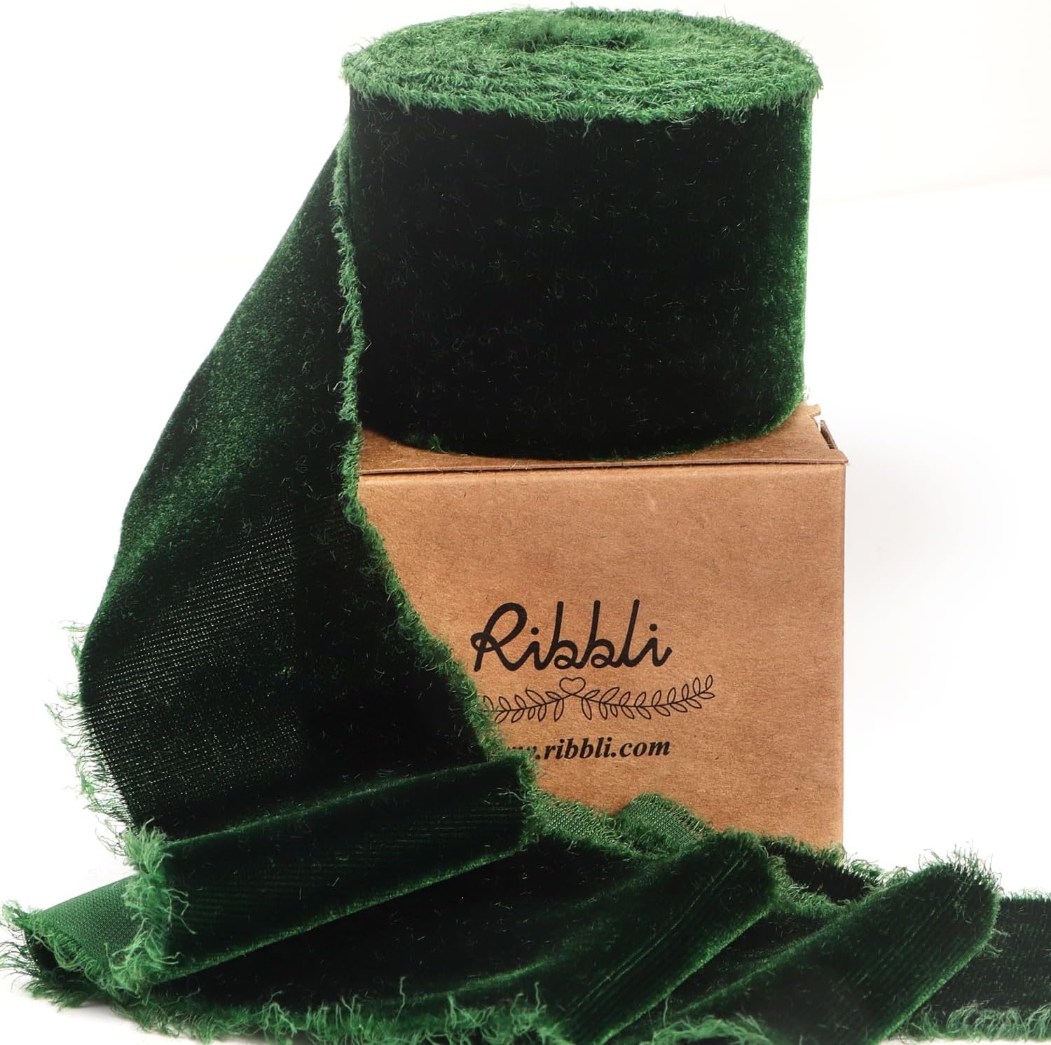Ribbli Light Champagne Velvet Ribbon 2 Inch Handmade Frayed Vintage Christmas Ribbon for Gift Wrapping Christmas Tree Ornament Wreath Craft Home Decor-3 Yards(Forest Green)