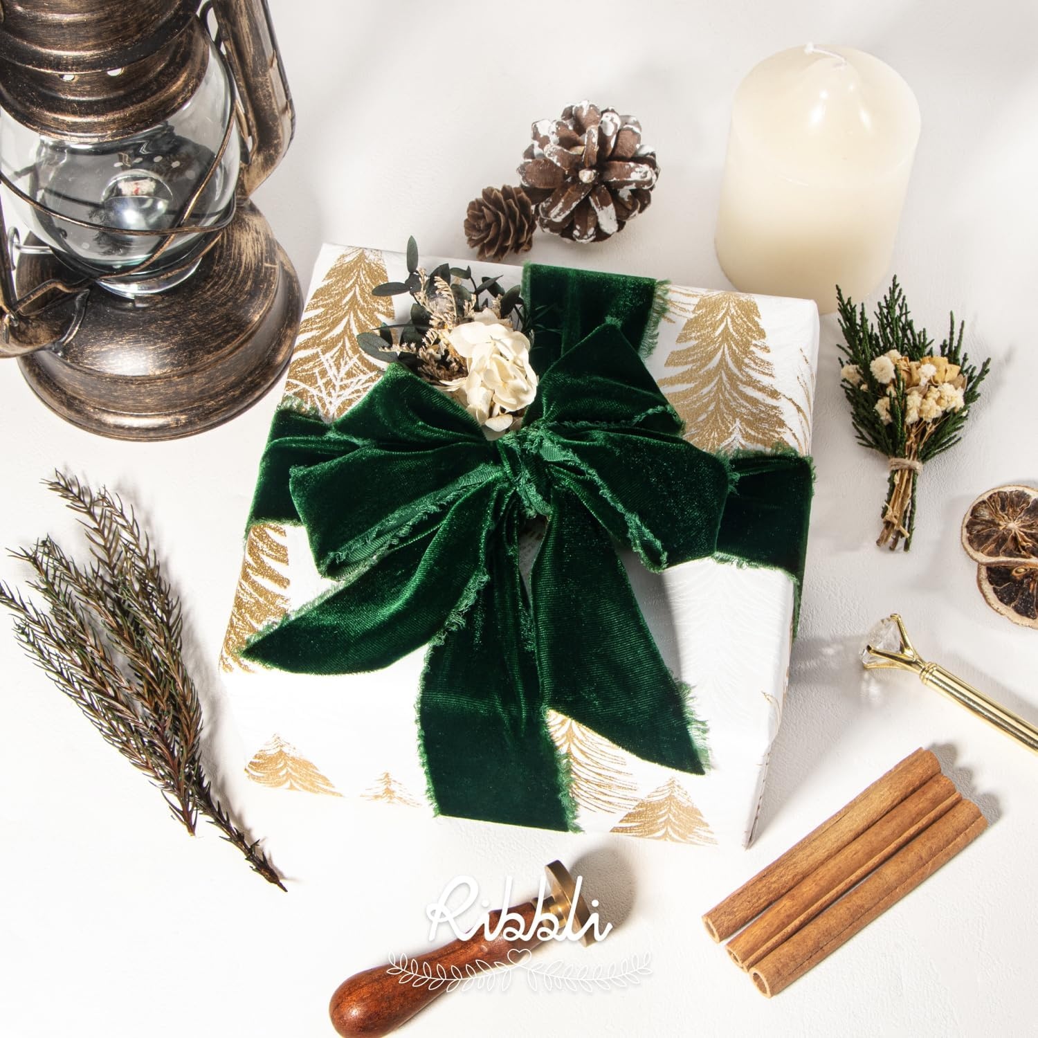Ribbli Light Champagne Velvet Ribbon 2 Inch Handmade Frayed Vintage Christmas Ribbon for Gift Wrapping Christmas Tree Ornament Wreath Craft Home Decor-3 Yards(Forest Green)