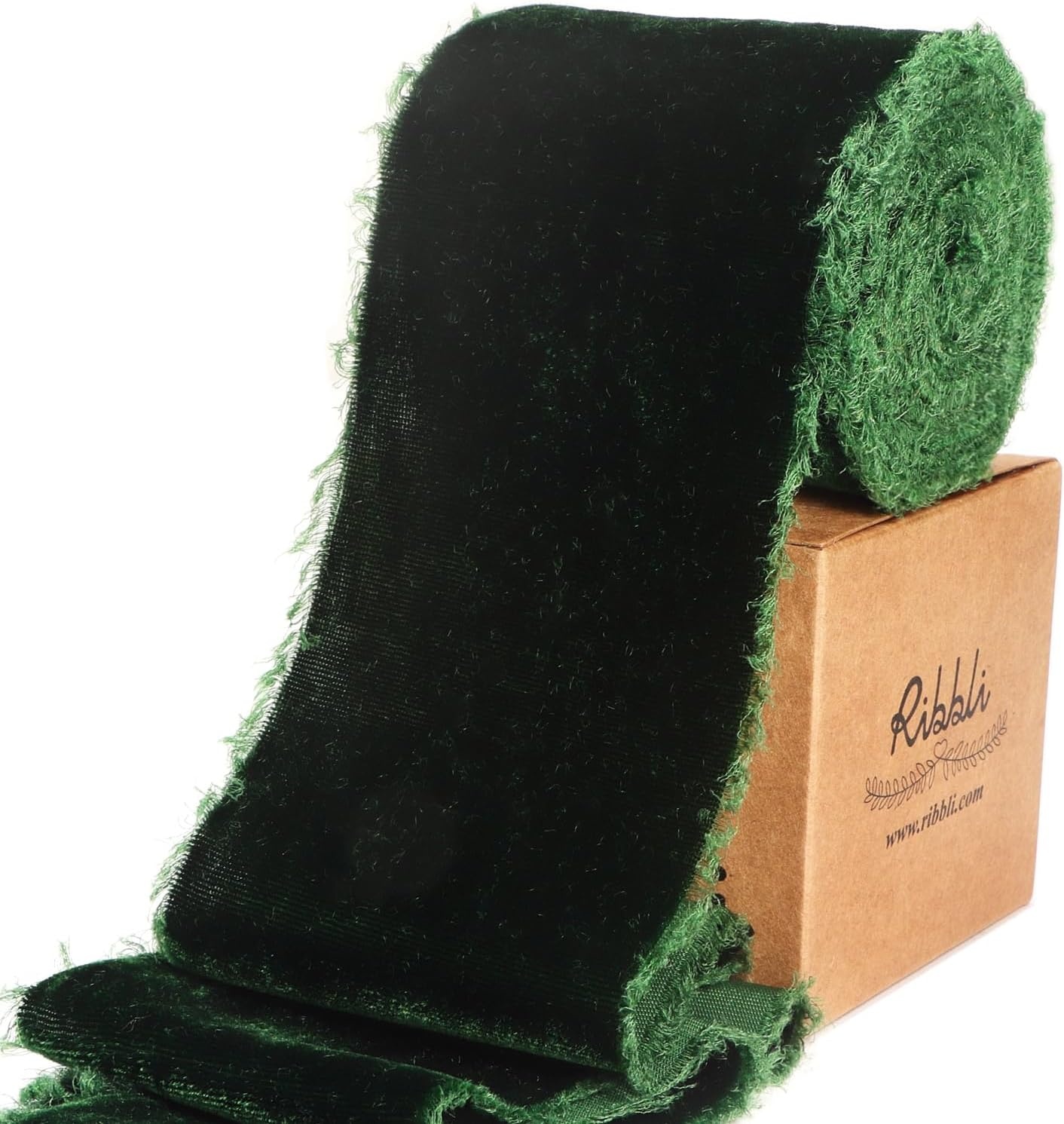 Ribbli Light Champagne Velvet Ribbon 2 Inch Handmade Frayed Vintage Christmas Ribbon for Gift Wrapping Christmas Tree Ornament Wreath Craft Home Decor-3 Yards(Forest Green)
