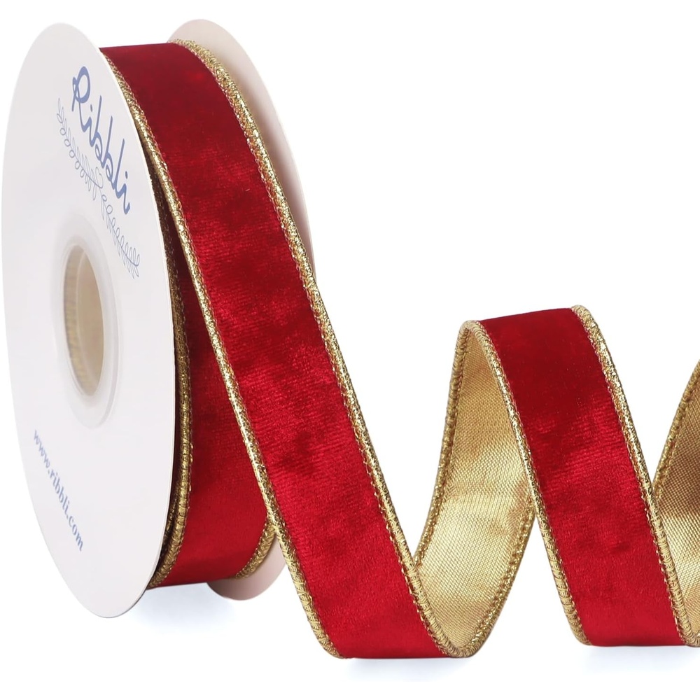 Ribbli Black Velvet Wired Ribbon 2.5 Inch Metallic Black Gold Crushed Velvet Christmas Ribbon for Gift Wrapping Christmas Tree Decoration Crafts Wreaths Supplies-Continuous 10 Yards(Red)