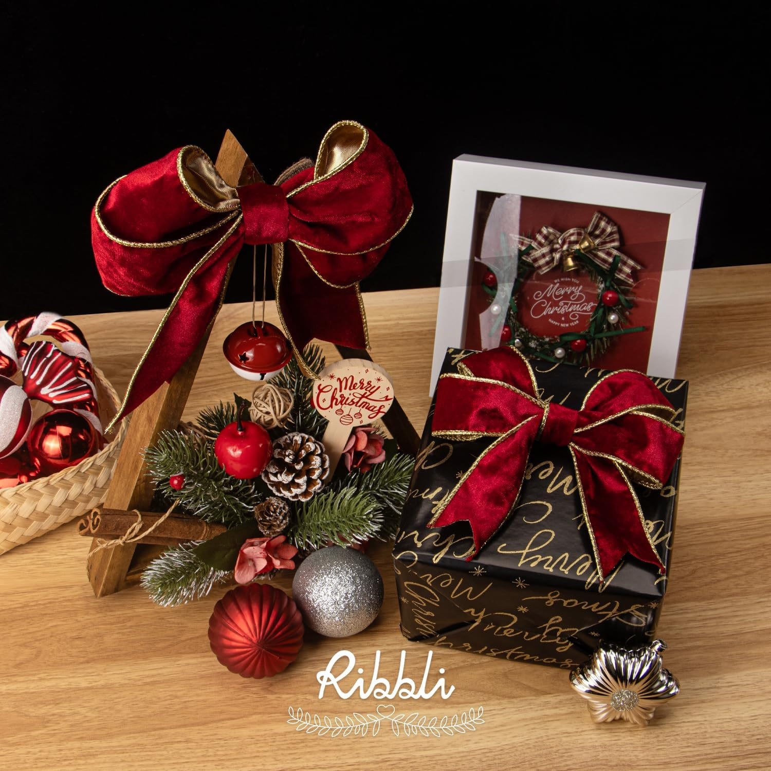 Ribbli Black Velvet Wired Ribbon 2.5 Inch Metallic Black Gold Crushed Velvet Christmas Ribbon for Gift Wrapping Christmas Tree Decoration Crafts Wreaths Supplies-Continuous 10 Yards(Red)