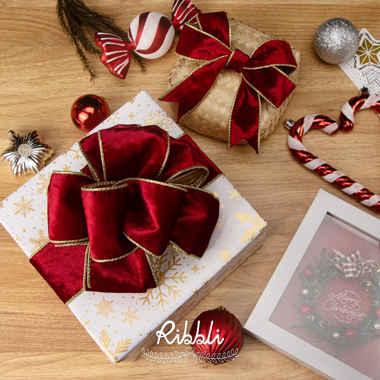 Ribbli Black Velvet Wired Ribbon 2.5 Inch Metallic Black Gold Crushed Velvet Christmas Ribbon for Gift Wrapping Christmas Tree Decoration Crafts Wreaths Supplies-Continuous 10 Yards(Red)