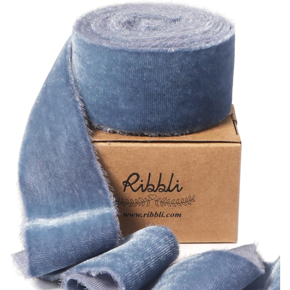 Ribbli Light Champagne Velvet Ribbon 2 Inch Handmade Frayed Vintage Christmas Ribbon for Gift Wrapping Christmas Tree Ornament Wreath Craft Home Decor-3 Yards(Dusty Blue)