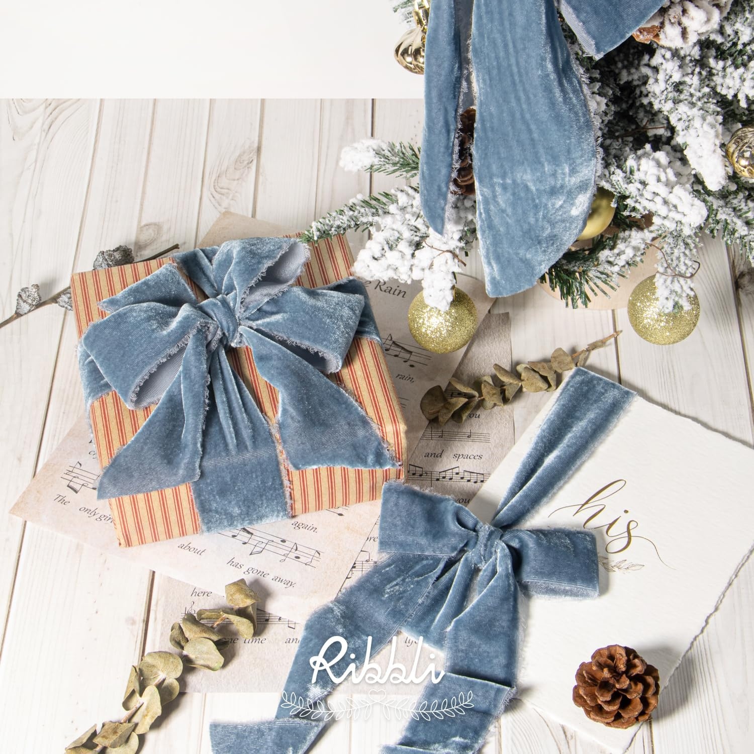 Ribbli Light Champagne Velvet Ribbon 2 Inch Handmade Frayed Vintage Christmas Ribbon for Gift Wrapping Christmas Tree Ornament Wreath Craft Home Decor-3 Yards(Dusty Blue)