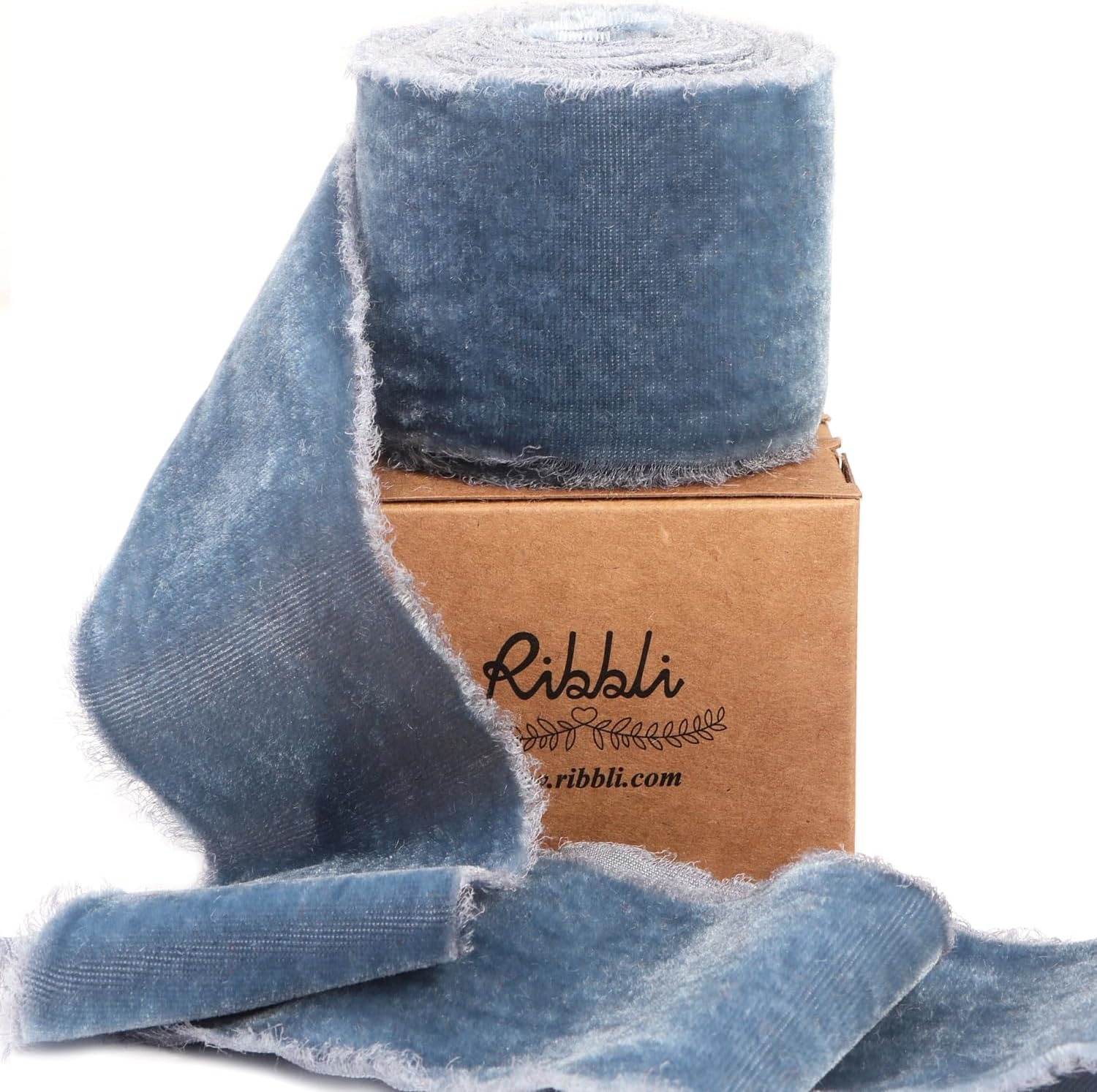 Ribbli Light Champagne Velvet Ribbon 2 Inch Handmade Frayed Vintage Christmas Ribbon for Gift Wrapping Christmas Tree Ornament Wreath Craft Home Decor-3 Yards(Dusty Blue)