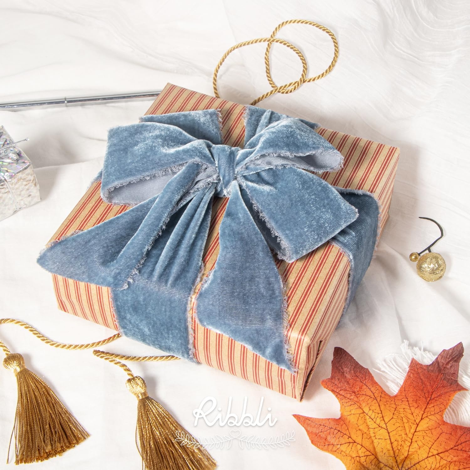 Ribbli Light Champagne Velvet Ribbon 2 Inch Handmade Frayed Vintage Christmas Ribbon for Gift Wrapping Christmas Tree Ornament Wreath Craft Home Decor-3 Yards(Dusty Blue)