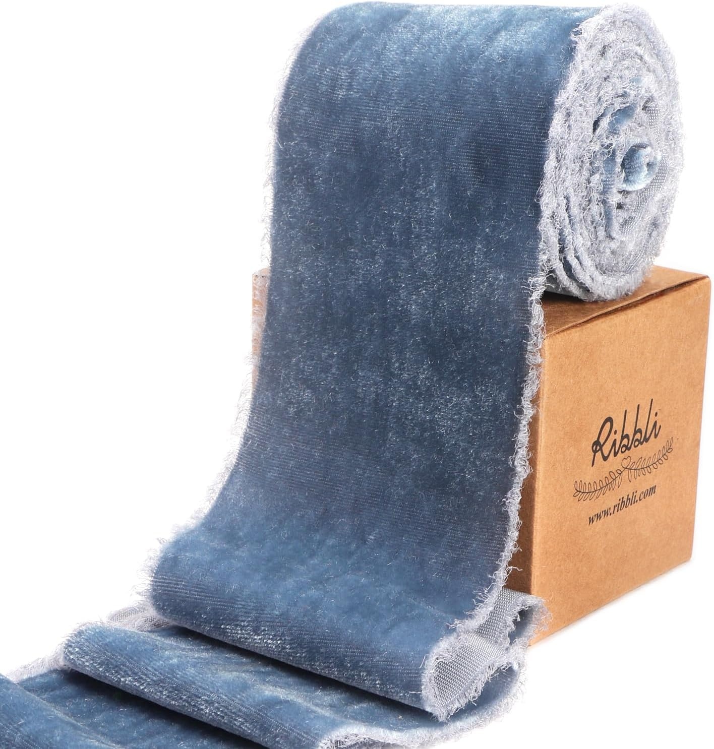 Ribbli Light Champagne Velvet Ribbon 2 Inch Handmade Frayed Vintage Christmas Ribbon for Gift Wrapping Christmas Tree Ornament Wreath Craft Home Decor-3 Yards(Dusty Blue)