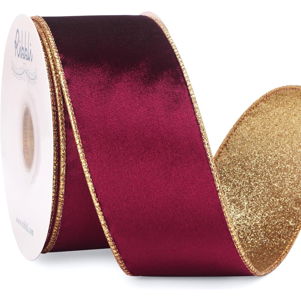 Ribbli Moss Green Velvet Ribbon Wired 2.5 Inch Glossy Velvet with Gold Glitter Christmas Ribbon for Christmas Tree Decoration Big Bow Gift Wrapping Crafts Wreaths Supplies – Continuous 10 Yards(Burgundy)