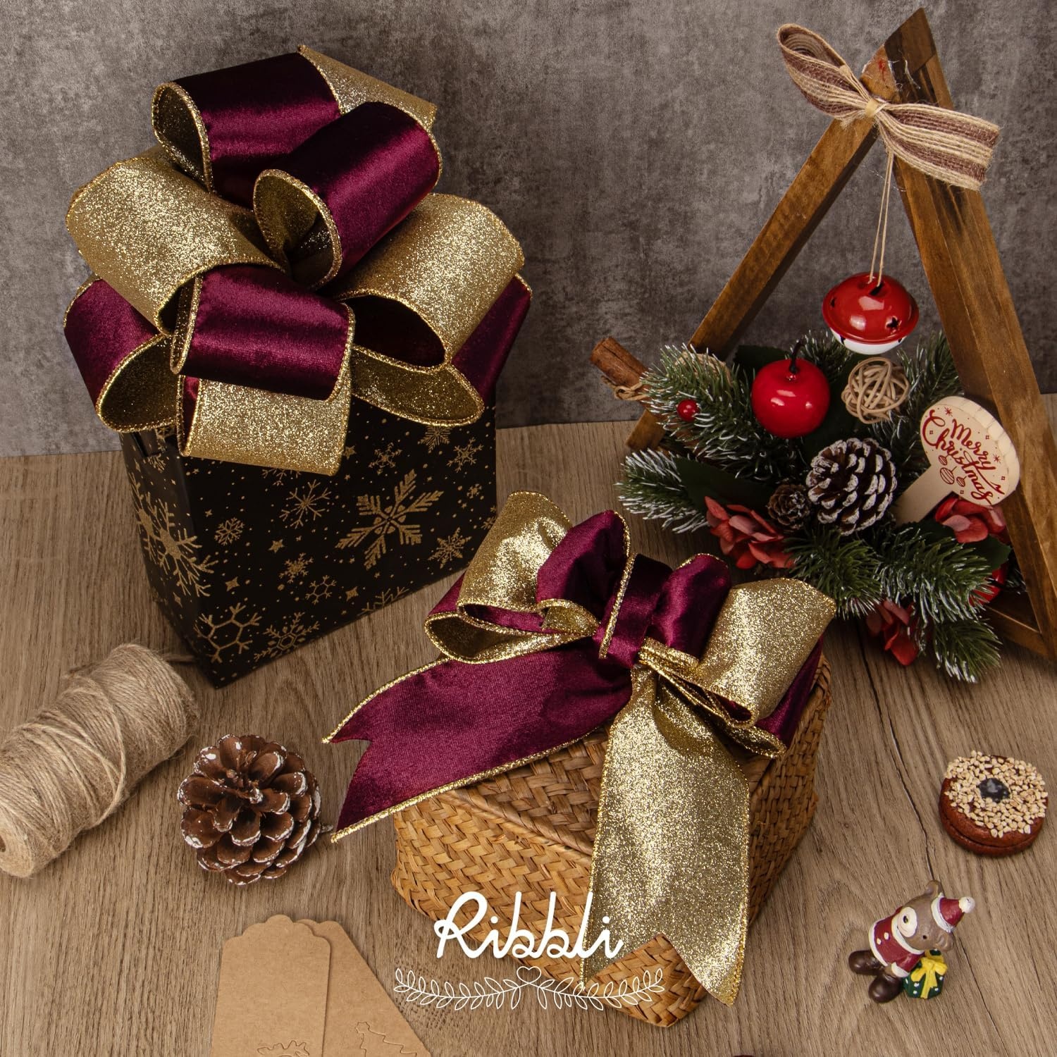 Ribbli Moss Green Velvet Ribbon Wired 2.5 Inch Glossy Velvet with Gold Glitter Christmas Ribbon for Christmas Tree Decoration Big Bow Gift Wrapping Crafts Wreaths Supplies – Continuous 10 Yards(Burgundy)
